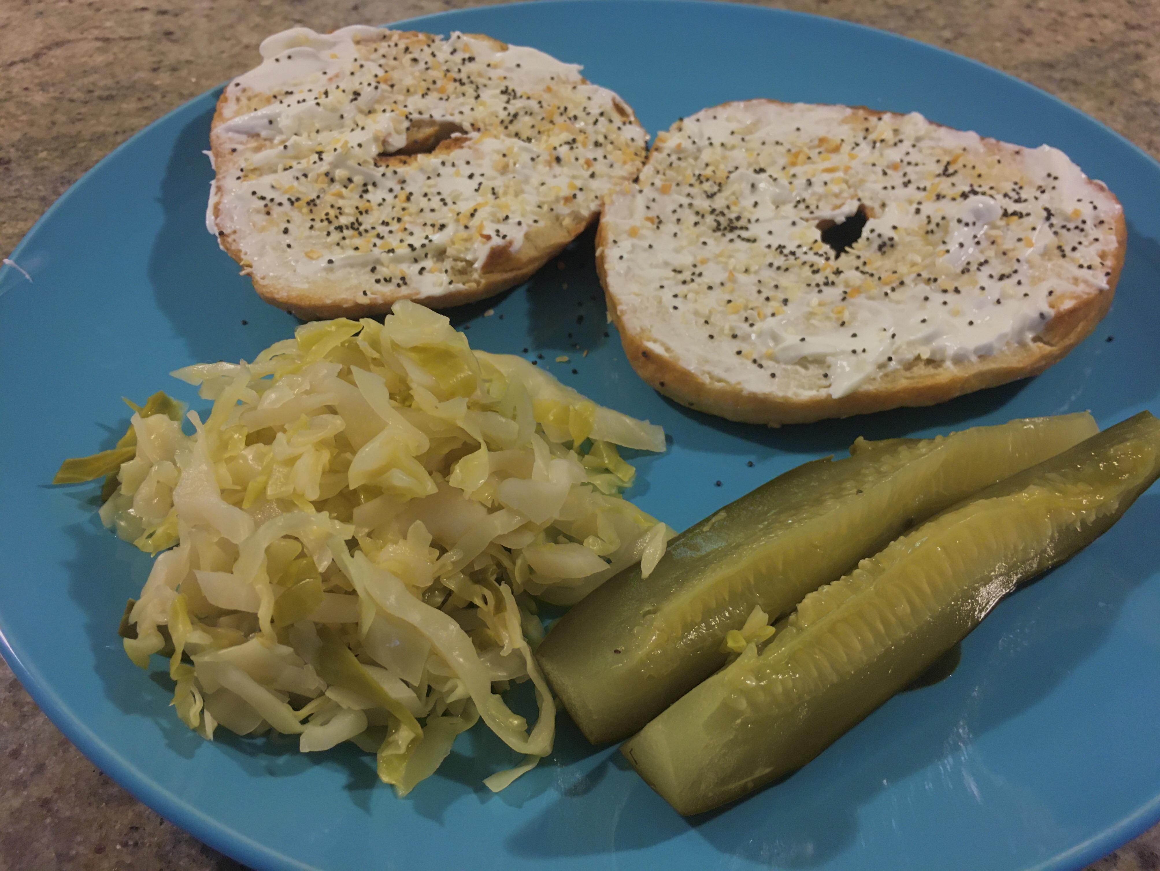 Homemade sourdough bagels, 1 month sauerkraut and 9 day dill pickles