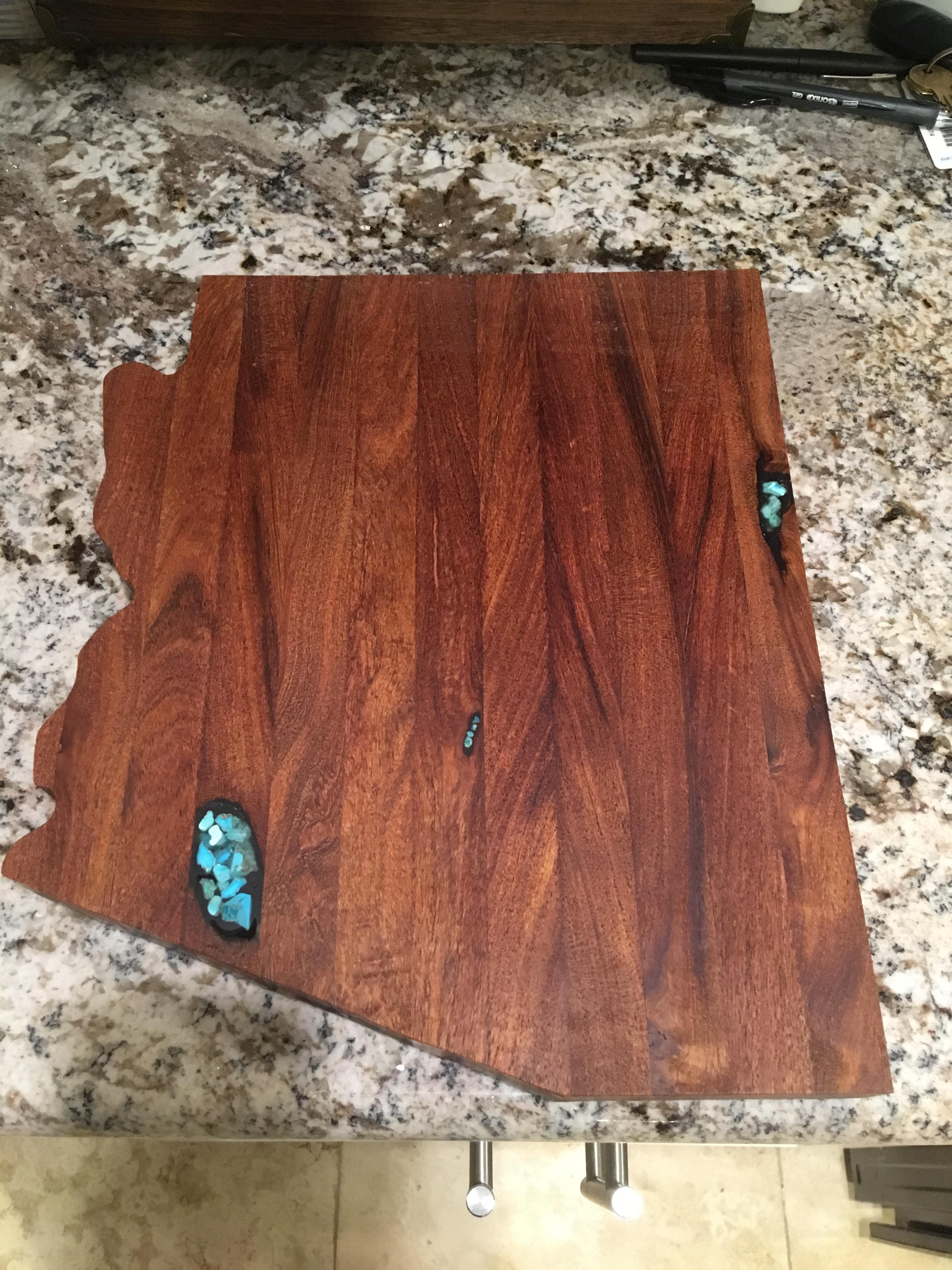 Arizona cutting board made from mesquite with turquoise inlay. Mesquite