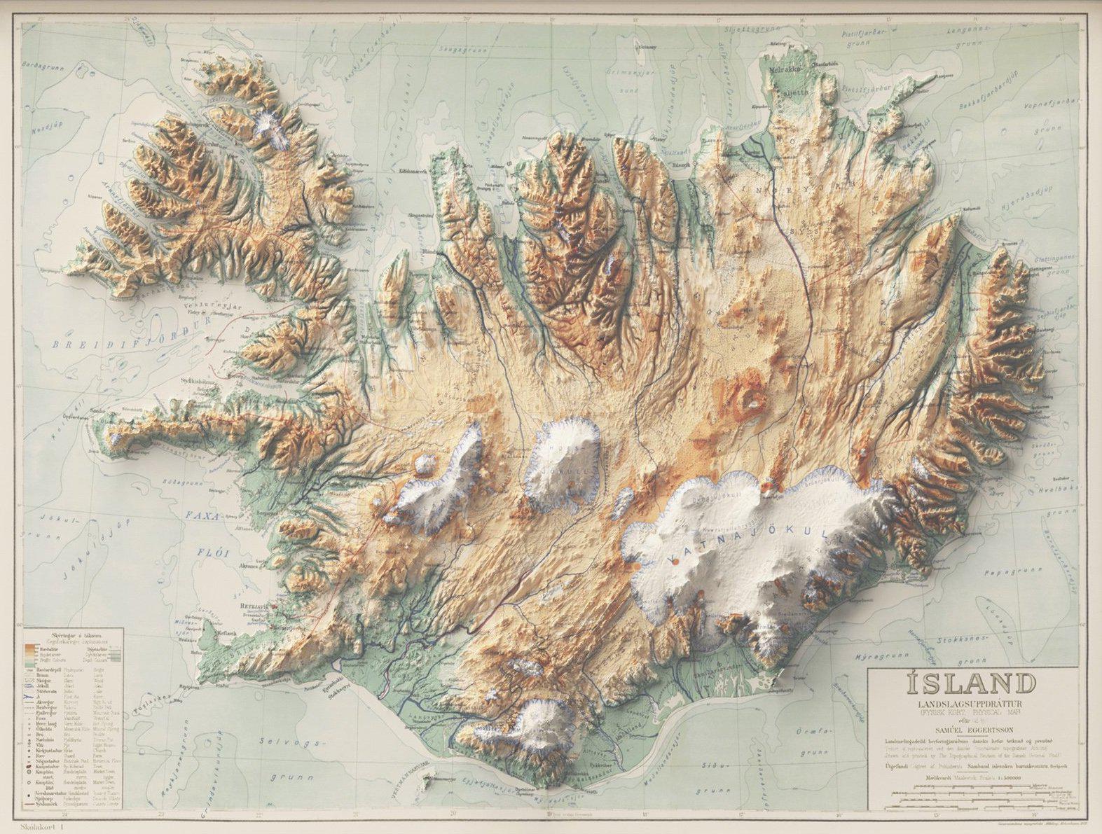 A restored relief map of Iceland, originally created in 1928 r/MapPorn