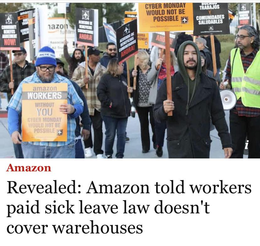Amazon told workers paid sick leave law doesn't cover warehouses r