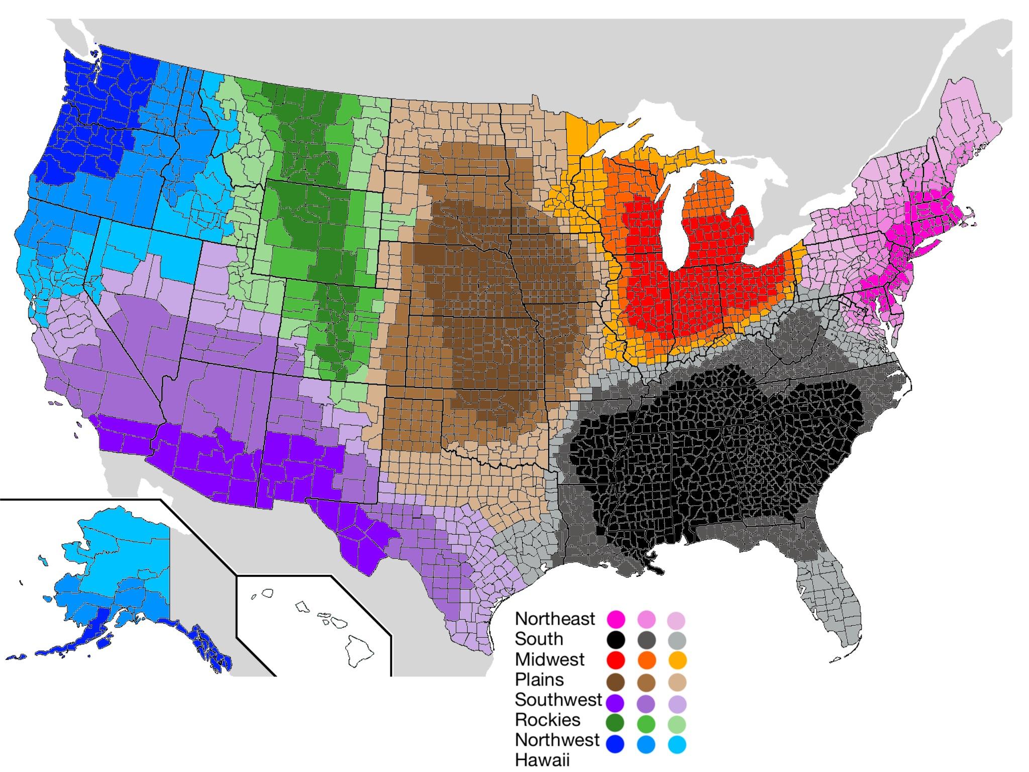 I organized the US into 8 regions, showing the various levels of