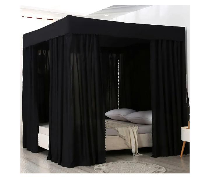Four Corners Post Bed Canopy, Lightproof Bed Curtain, Blackout Canopy Bed Curtains, Black Bed