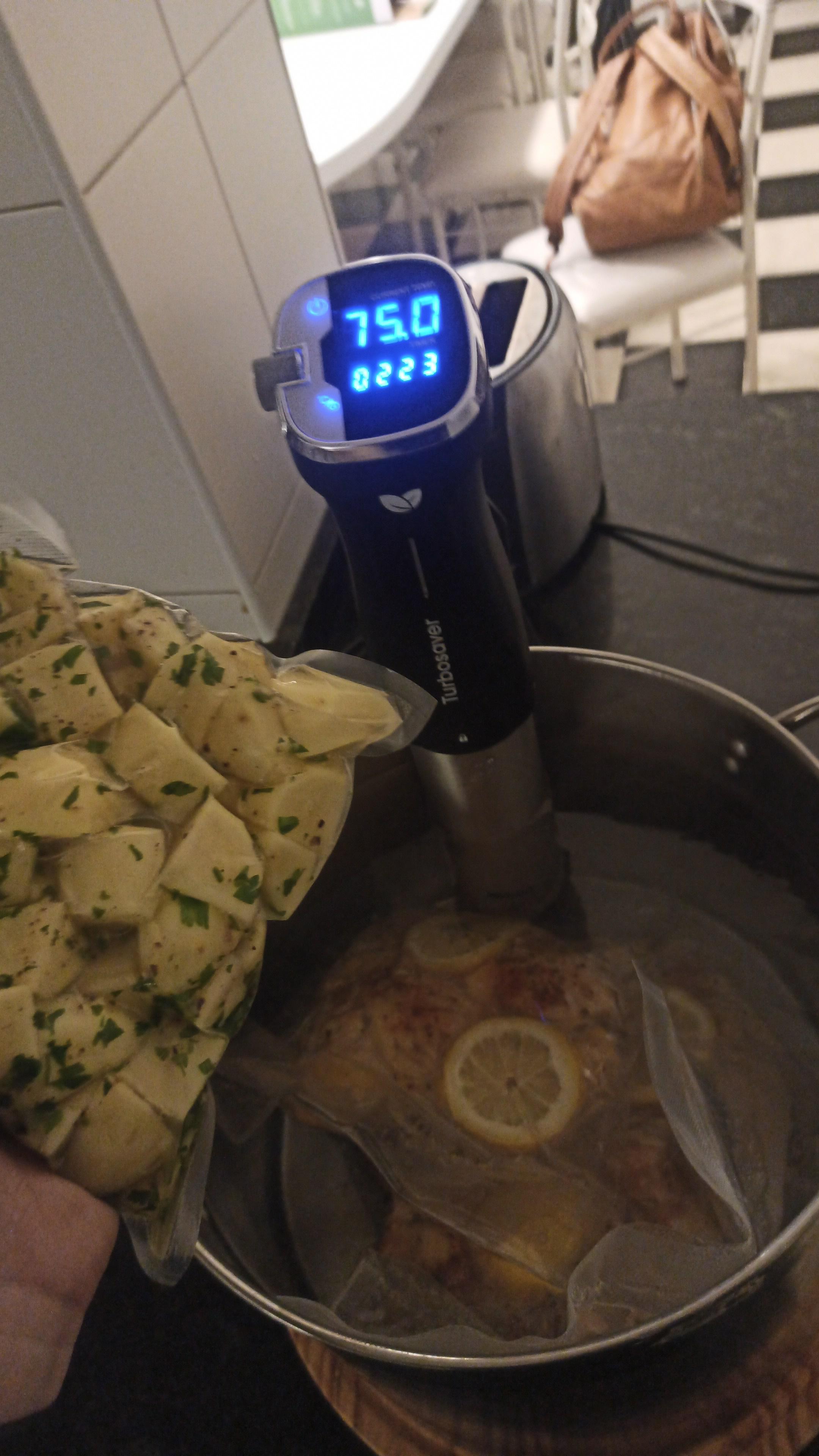 Sous Vide chicken thighlegs and potatoes, any tips for next time? 75 C