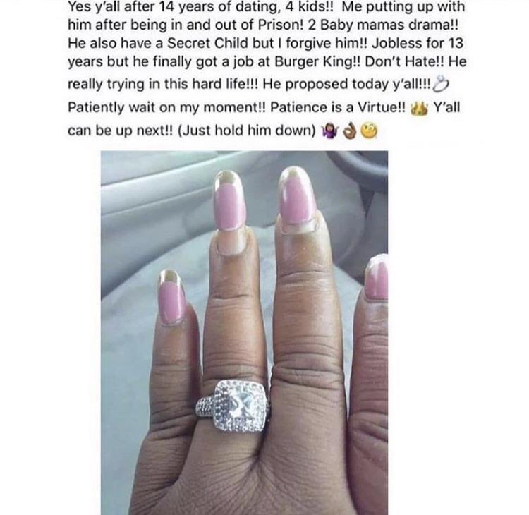 Idk what’s bigger the diamond or the space between her finger and her