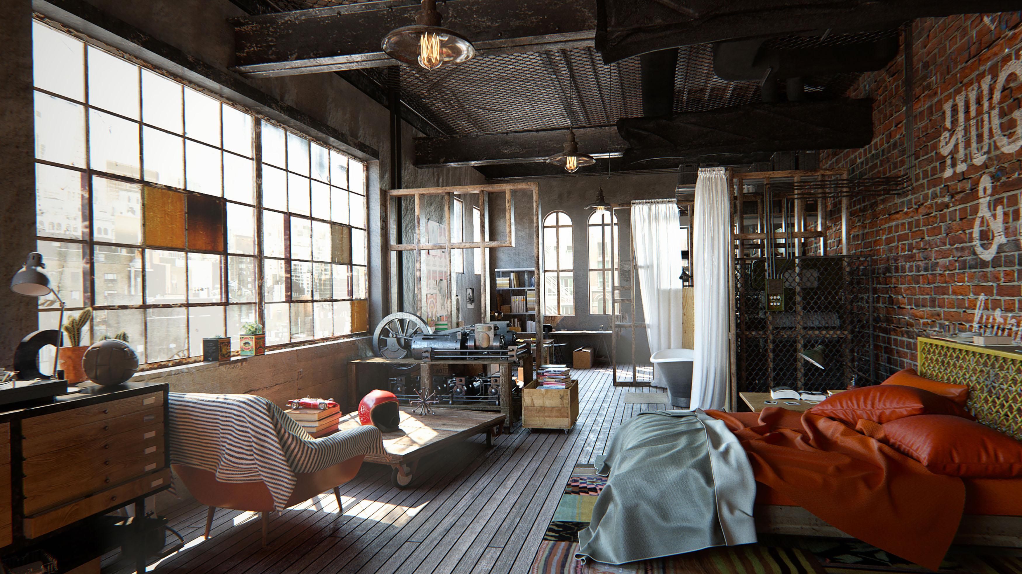 An eclectic industrial loft in Brooklyn, NY Artist's Render [3500 x