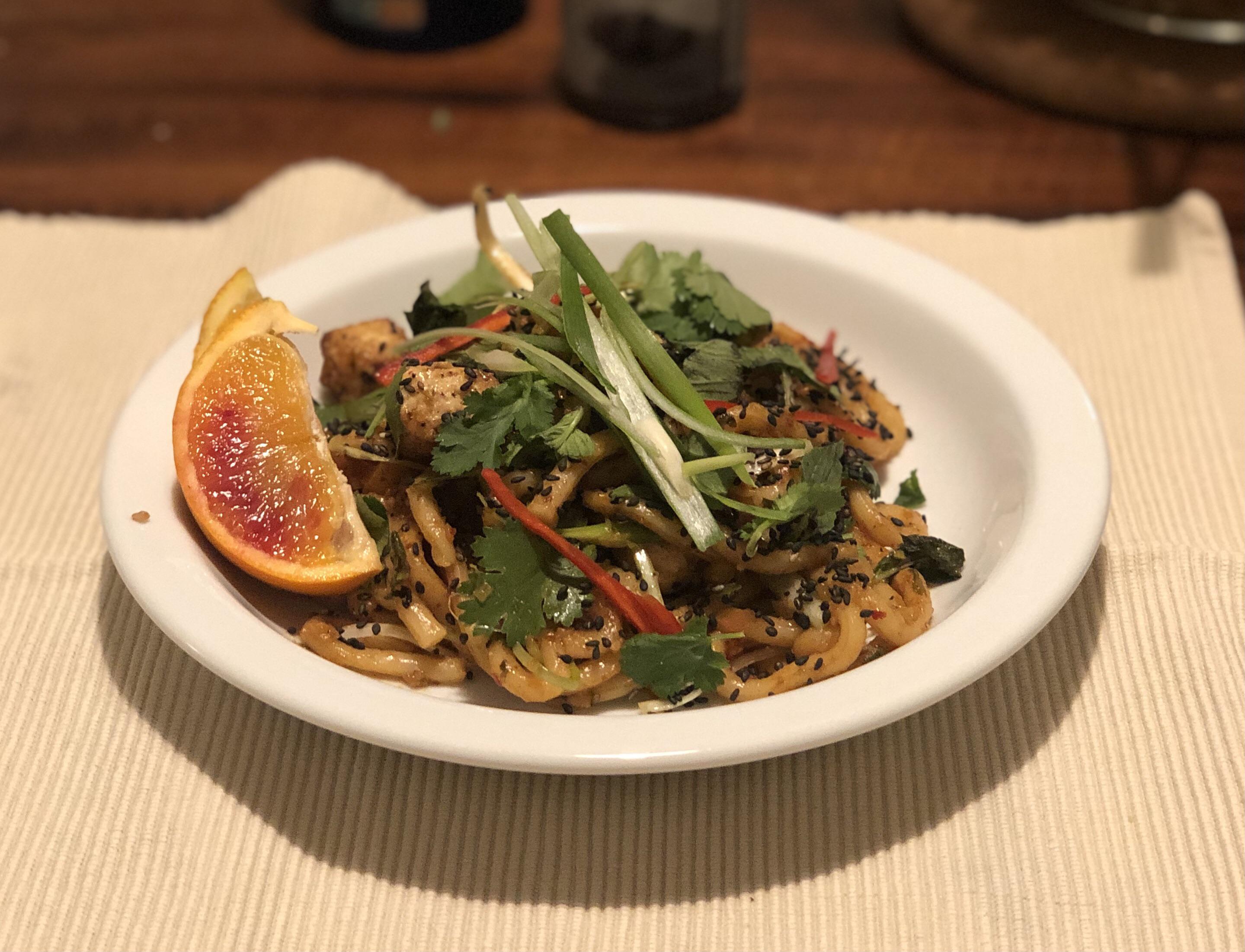 [Homemade] Udon noodles with blood orange namjim by Ottolenghi r/food