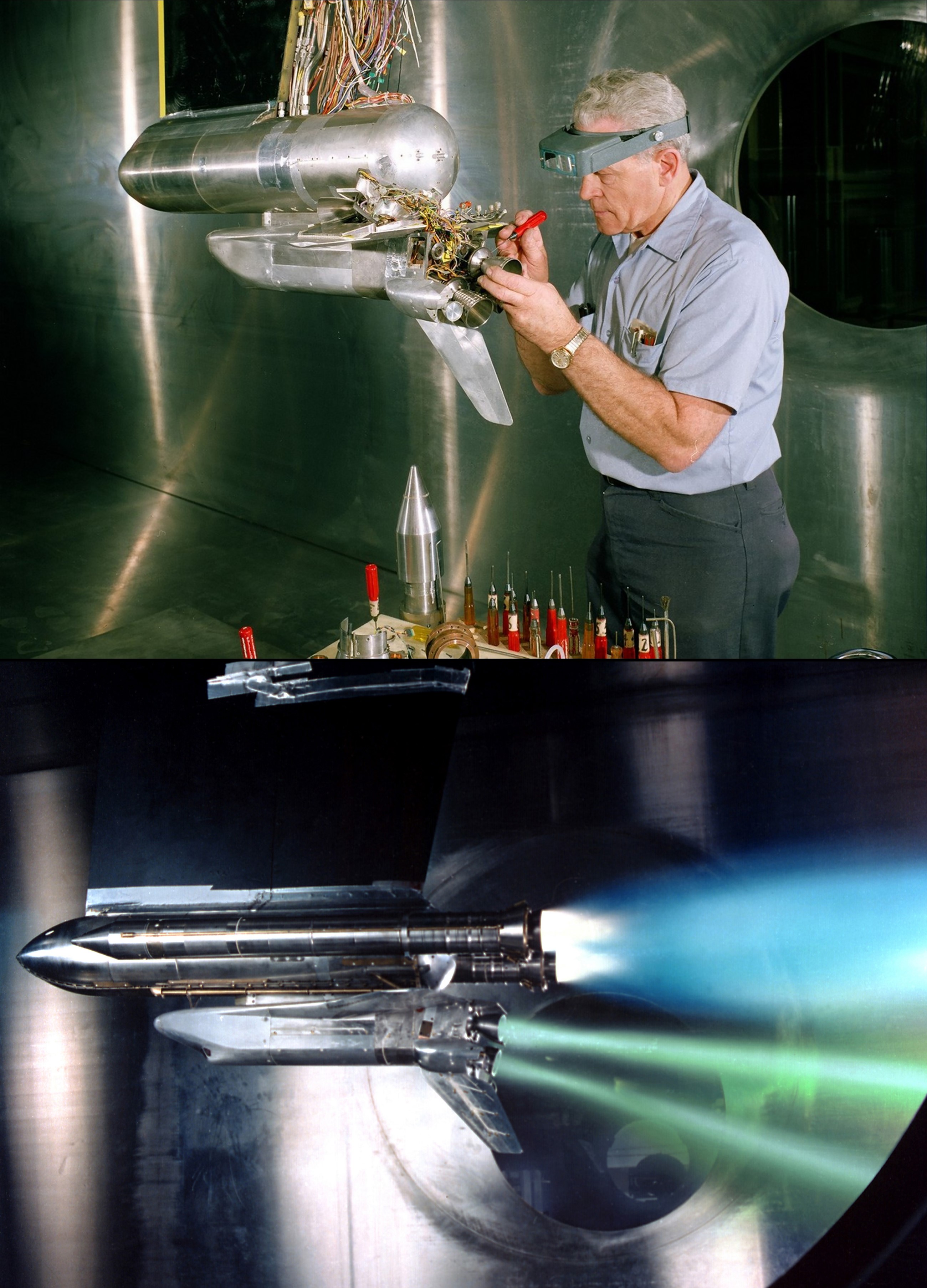 A technician prepares a Space Shuttle wind tunnel model for testing