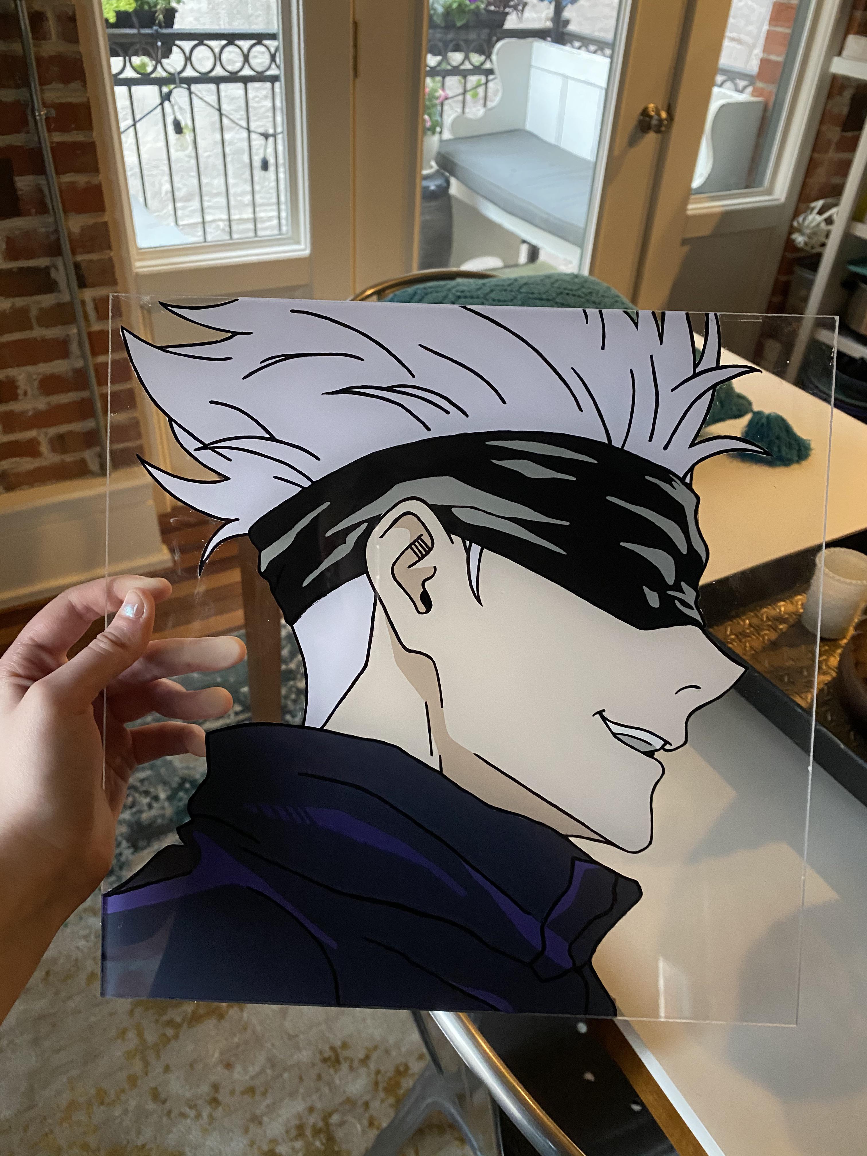 my first glass painting absolutely had to be gojo. i’m pretty happy with how it turned out) r