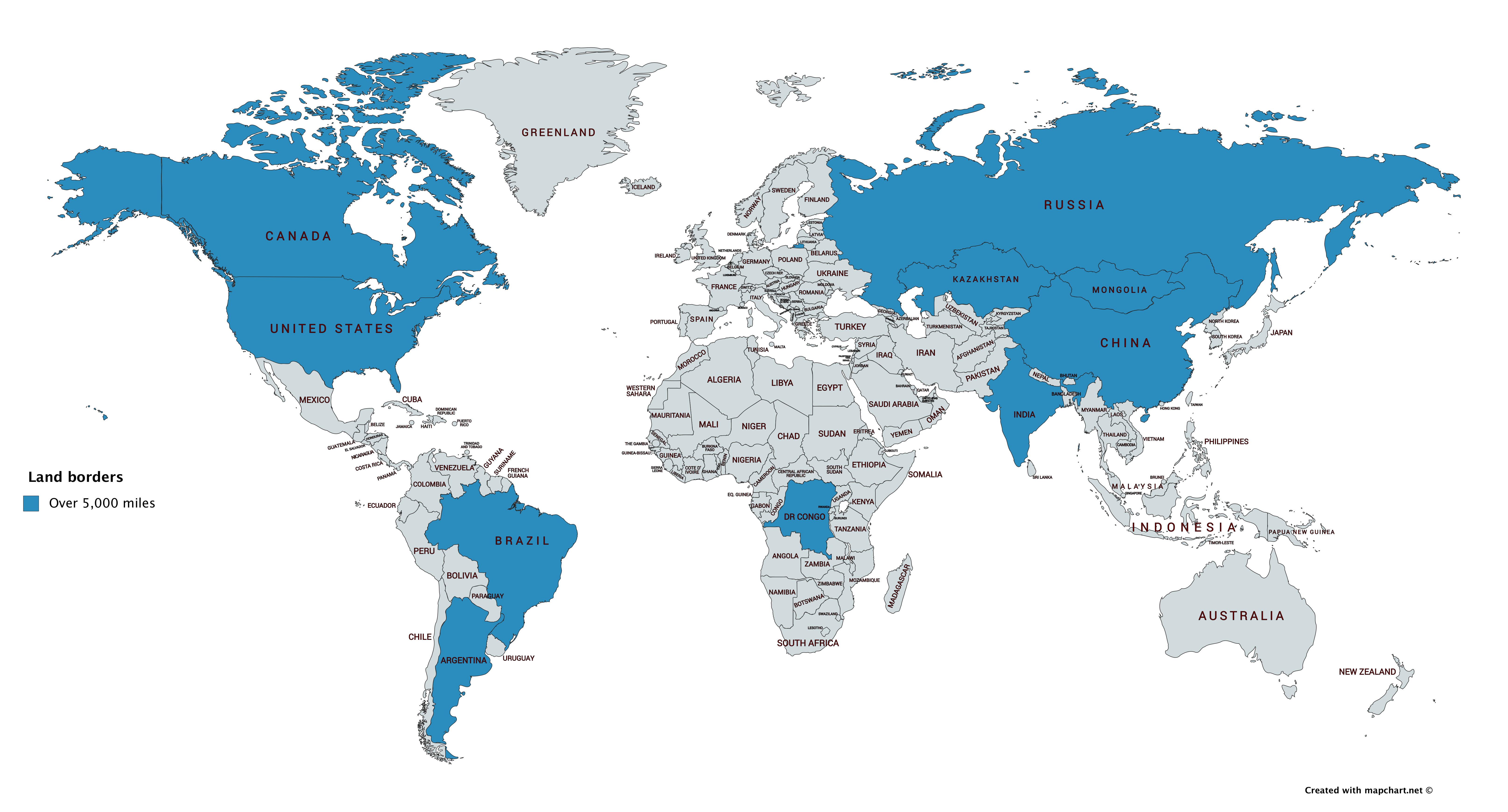 Countries with land borders over 5,000 miles [6460x3480] r/MapPorn