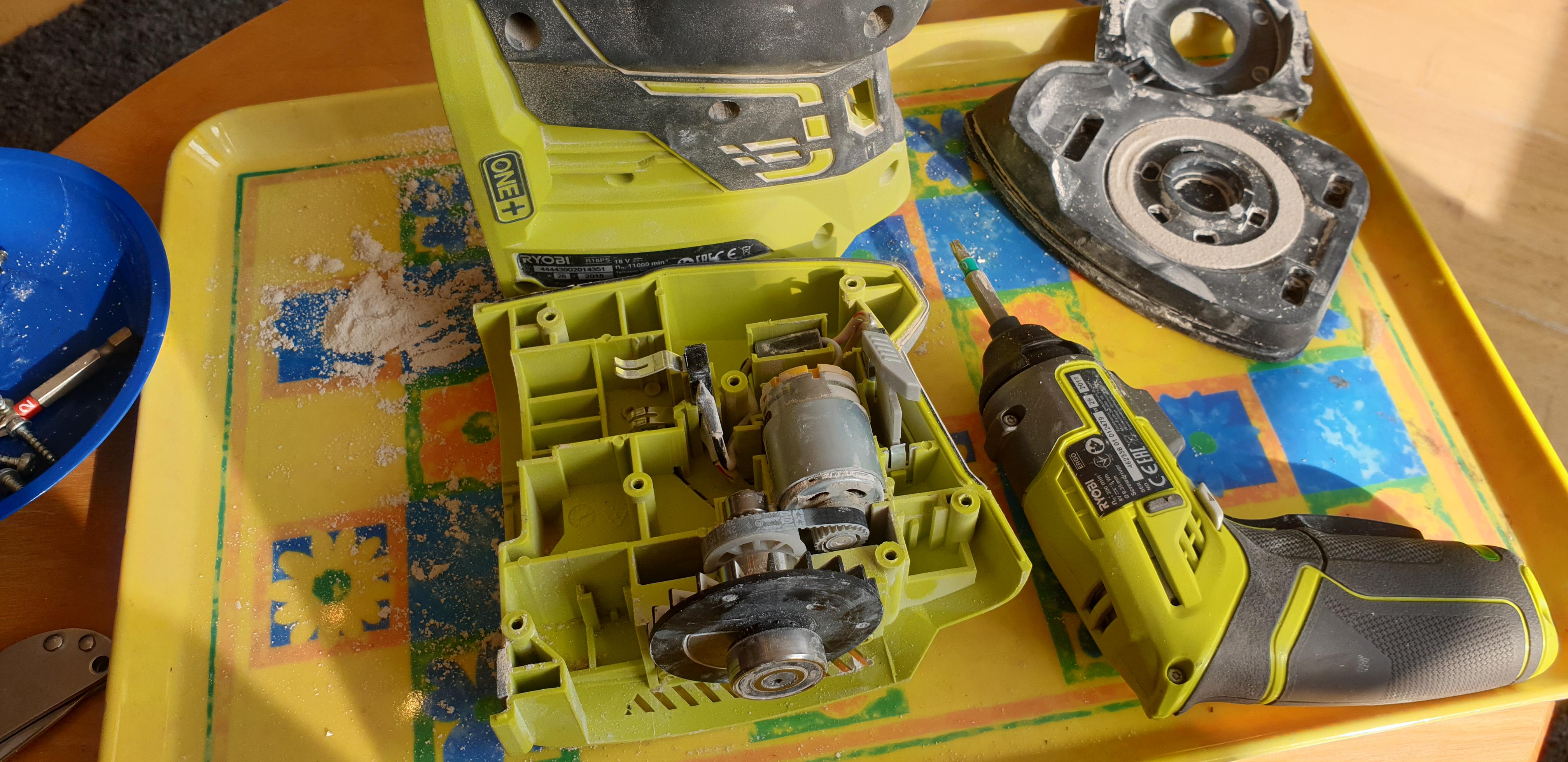 Ryobi sander stopped working and caked in dust, motor gets hot and