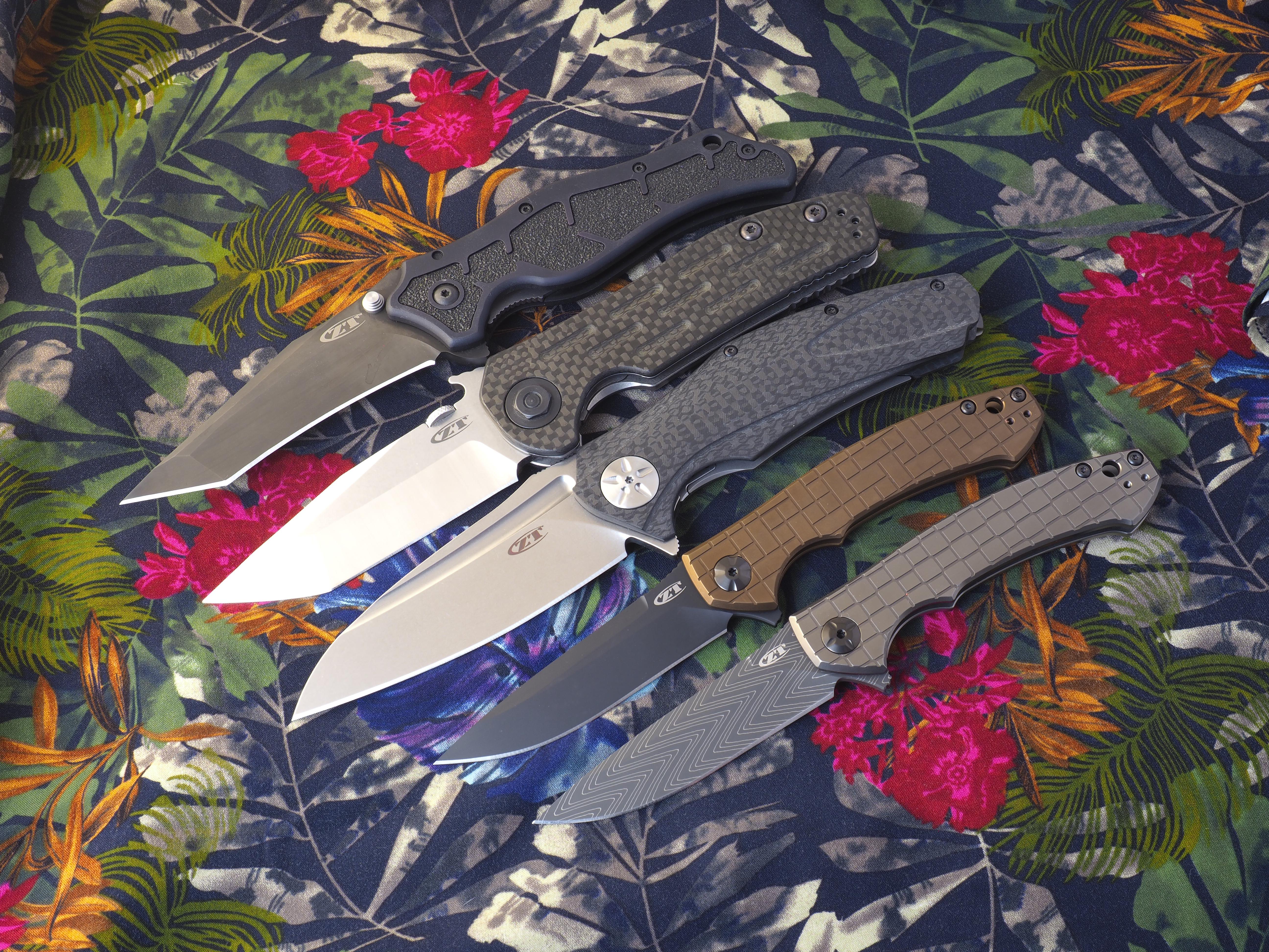 ZT knives from top 0400 S30V assisted, 0620CF M390, 0777 M390