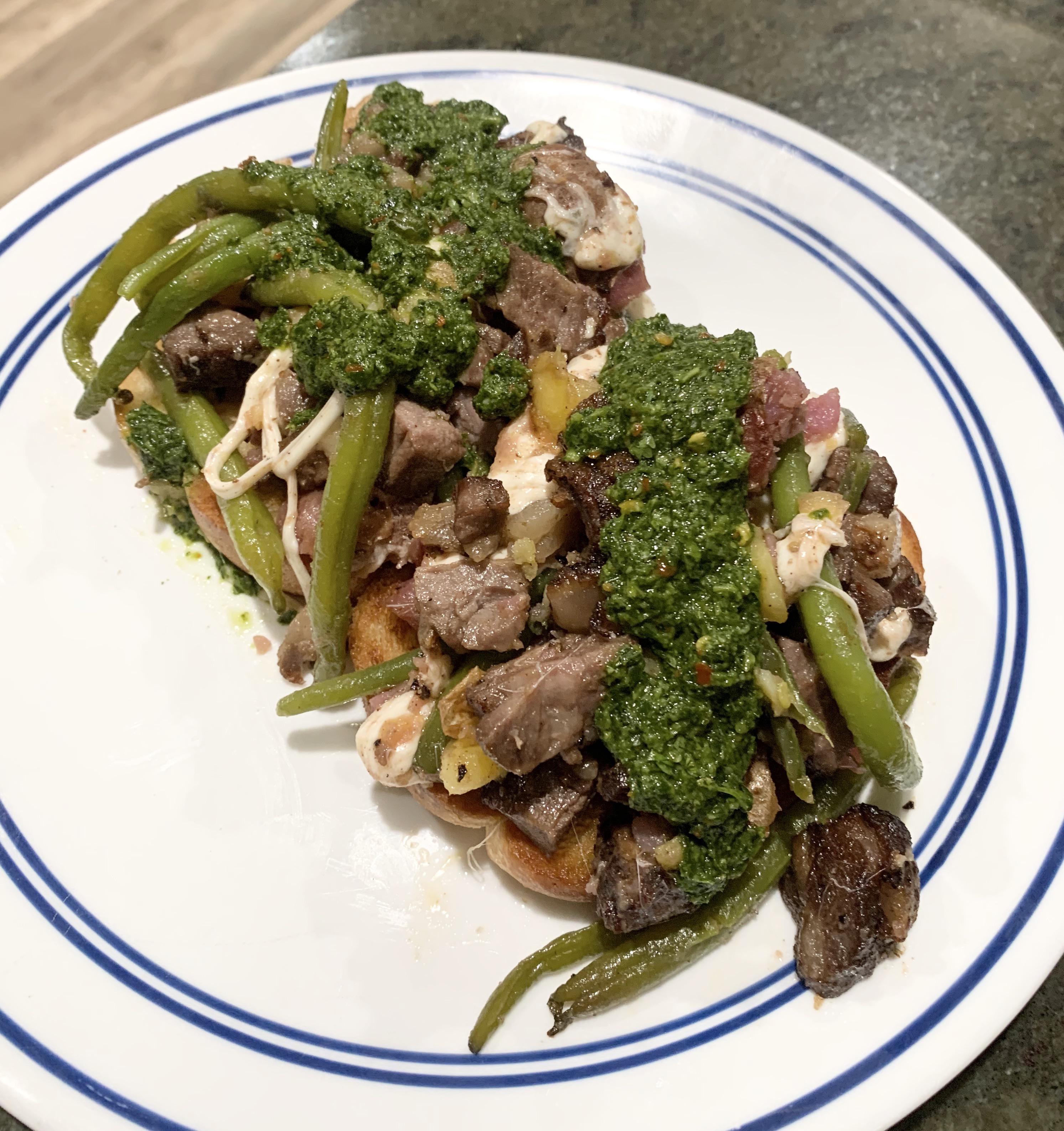 Steak Leftovers Special. Leftover midrare ribeye, petite potatoes, and green beans recooked in