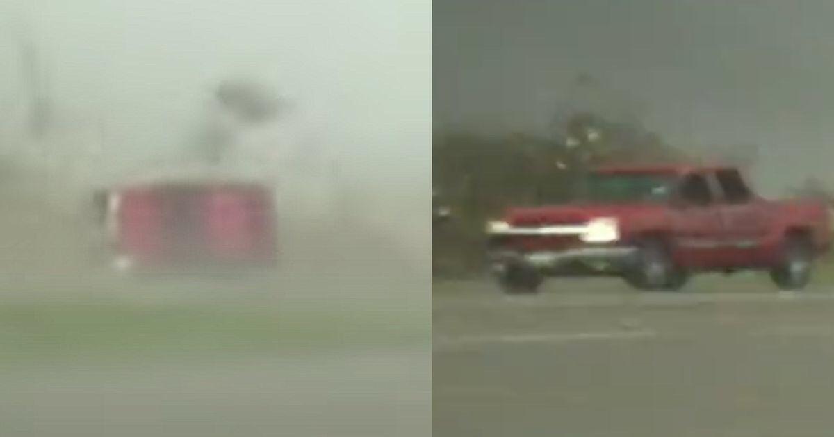 Red truck survives in tornado. tornado