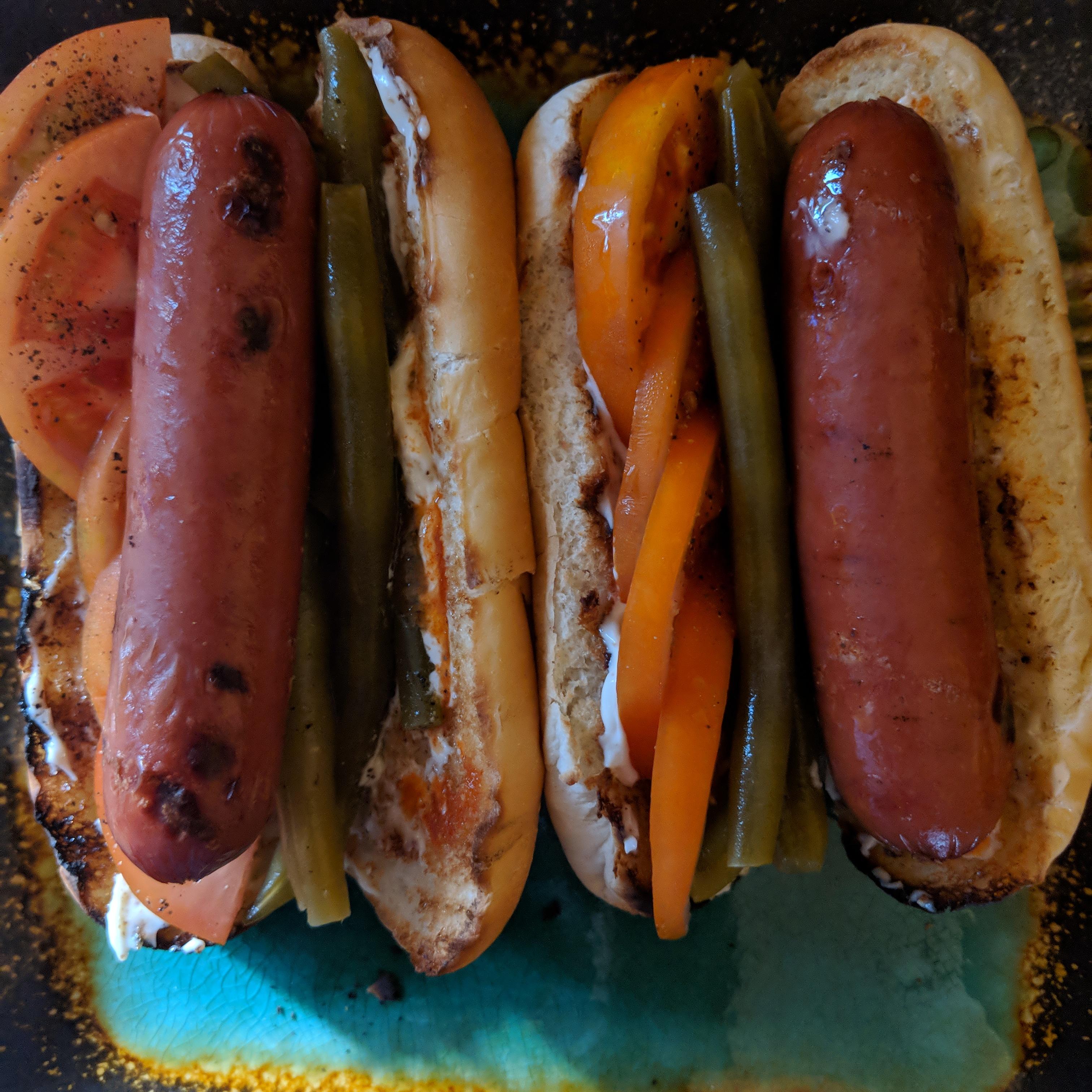 [homemade] Turkey dogs with garden fresh tomato and homemade dilly