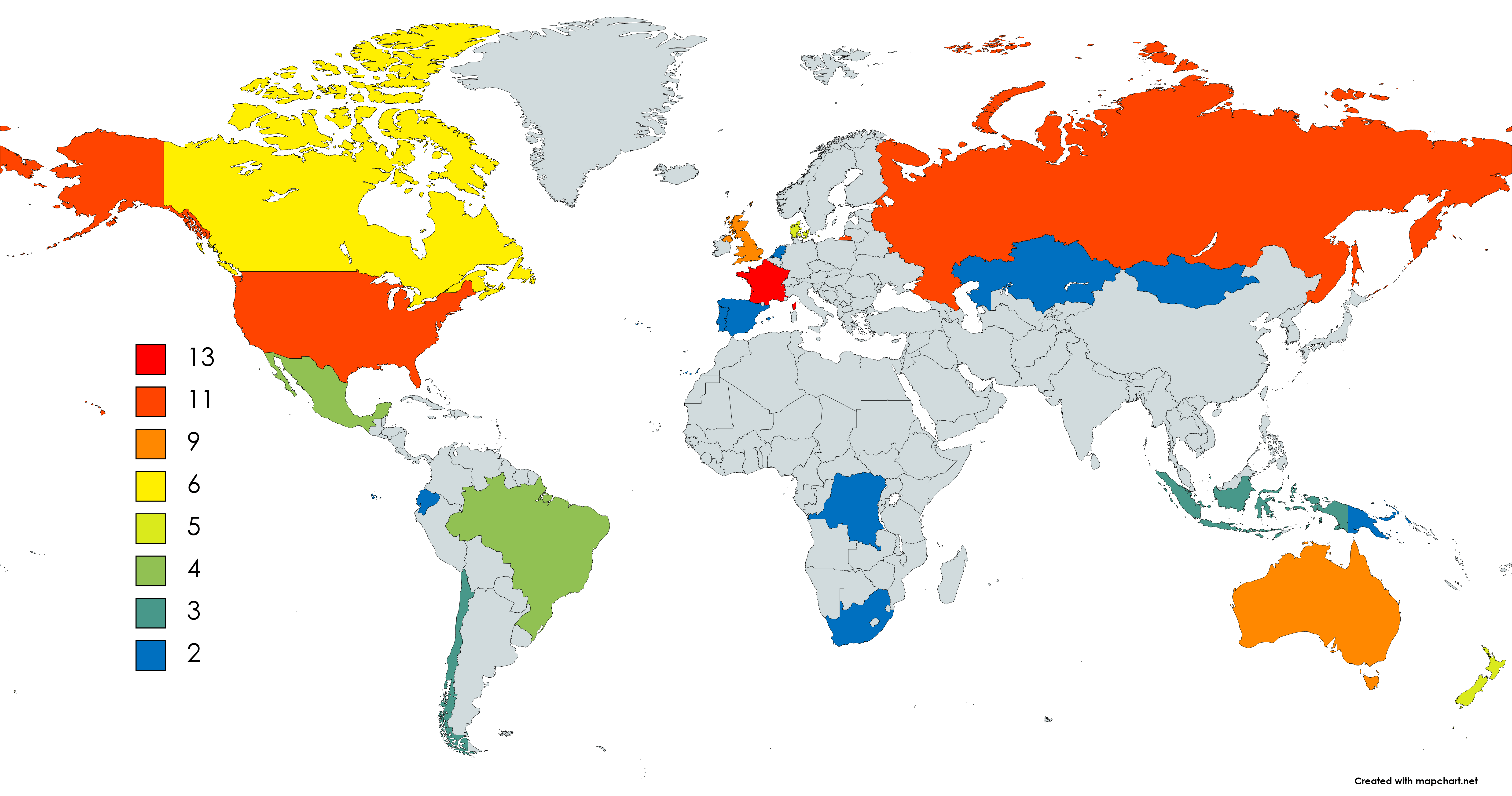 Countries with 2 time zones or more r/Maps