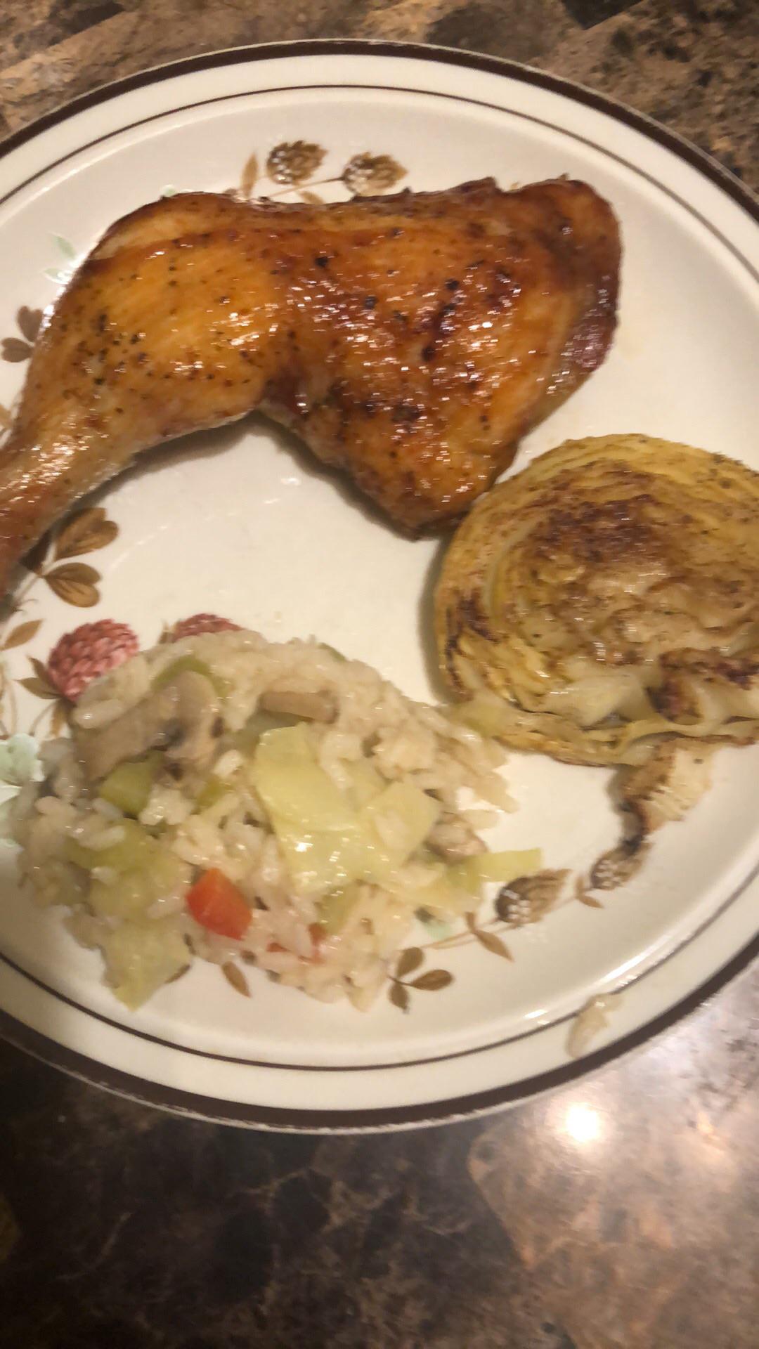 [Homemade]baked chicken leg, cabbage steak and cabbage fried rice r/food