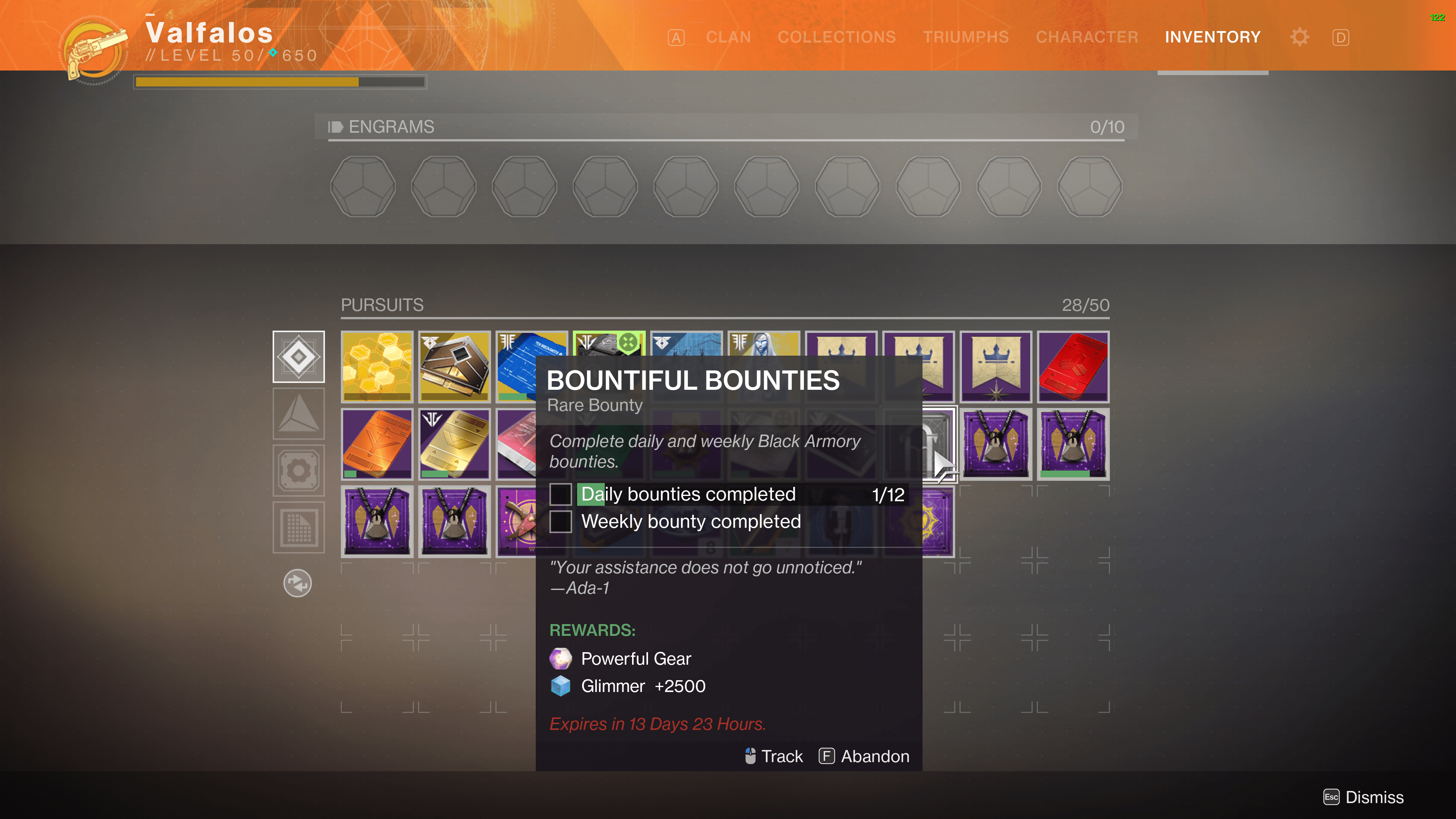 I would thank bungie for giving me my rare black armory bounty in time