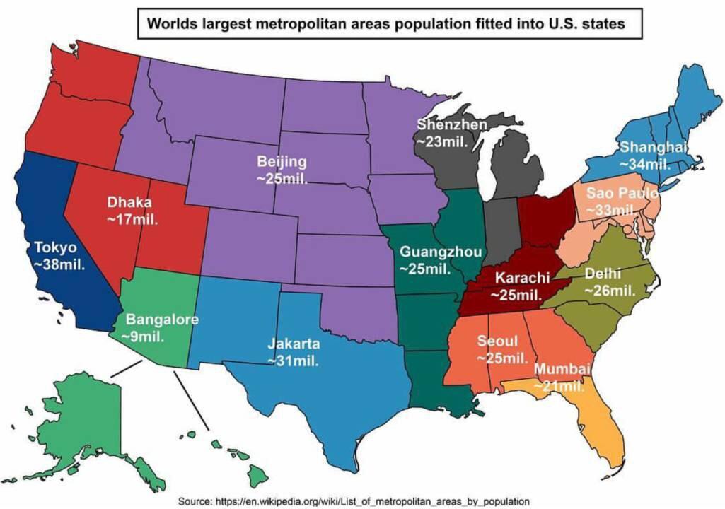 Worlds largest metropolitan areas population fitted into U.S. states