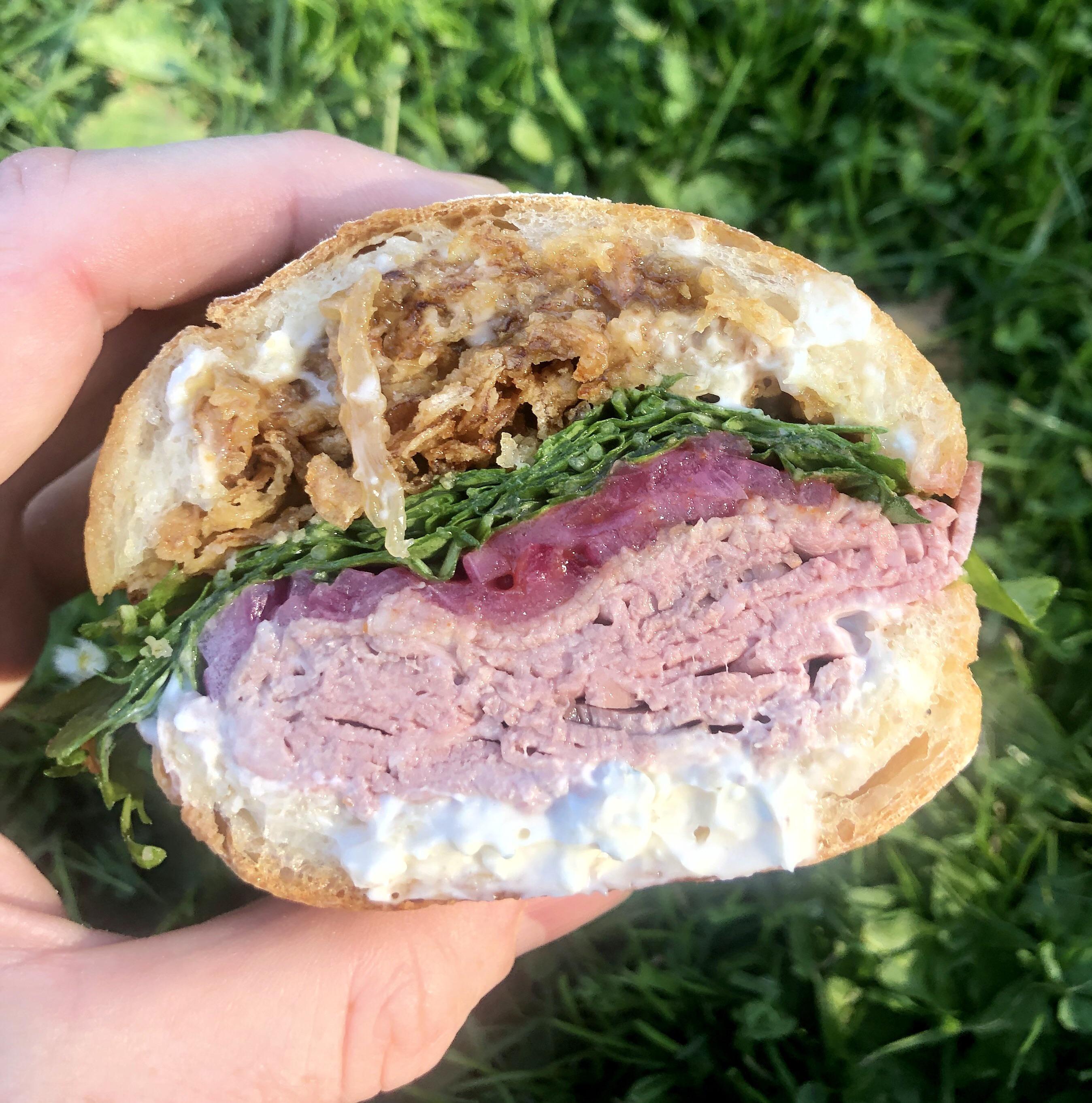 Roast beef from Lucinda’s Deli, SF. Beef, bleu cheese mayo, Thai bbq