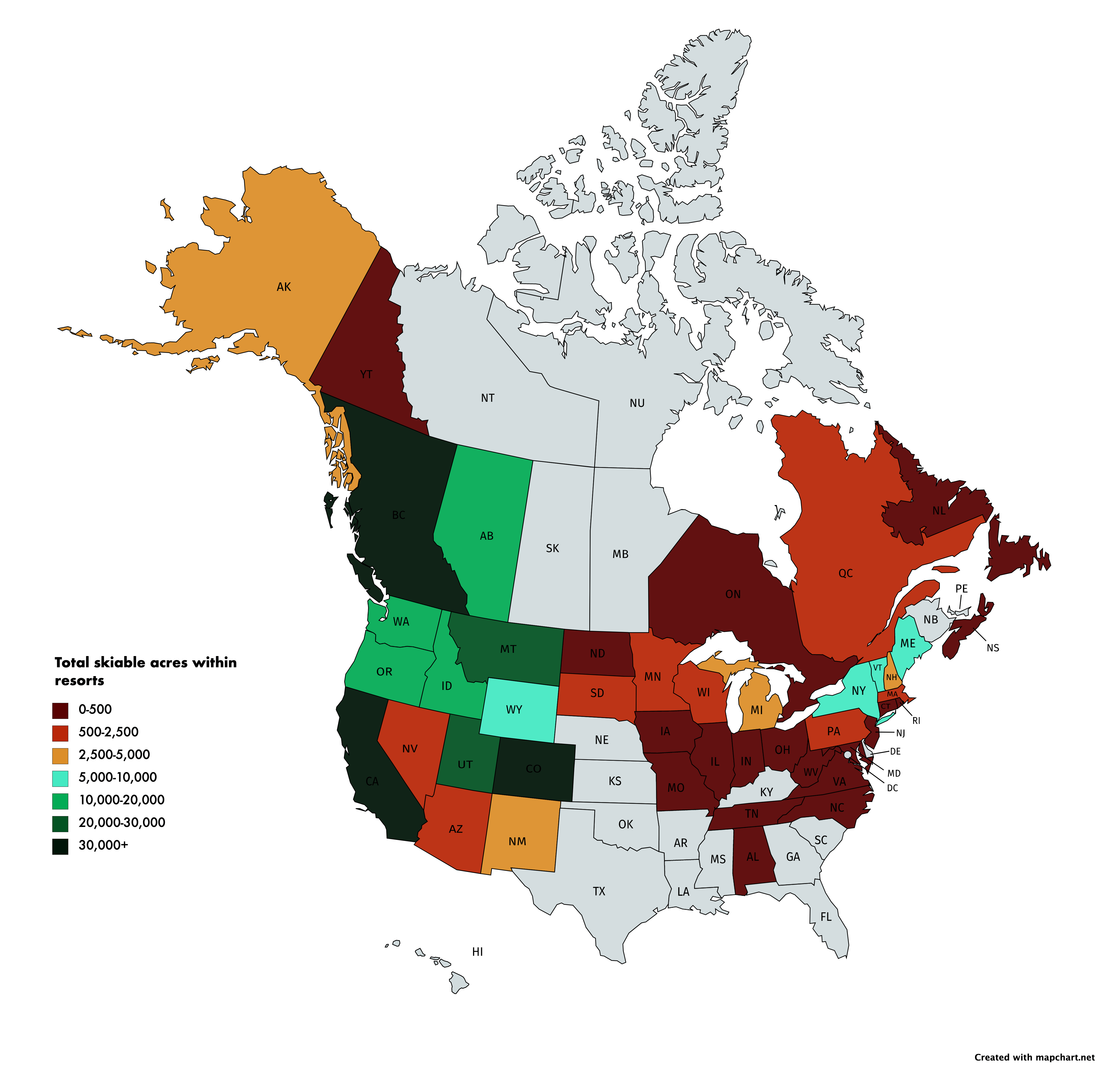 Skiable acres within ski areas [OC] r/dataisbeautiful