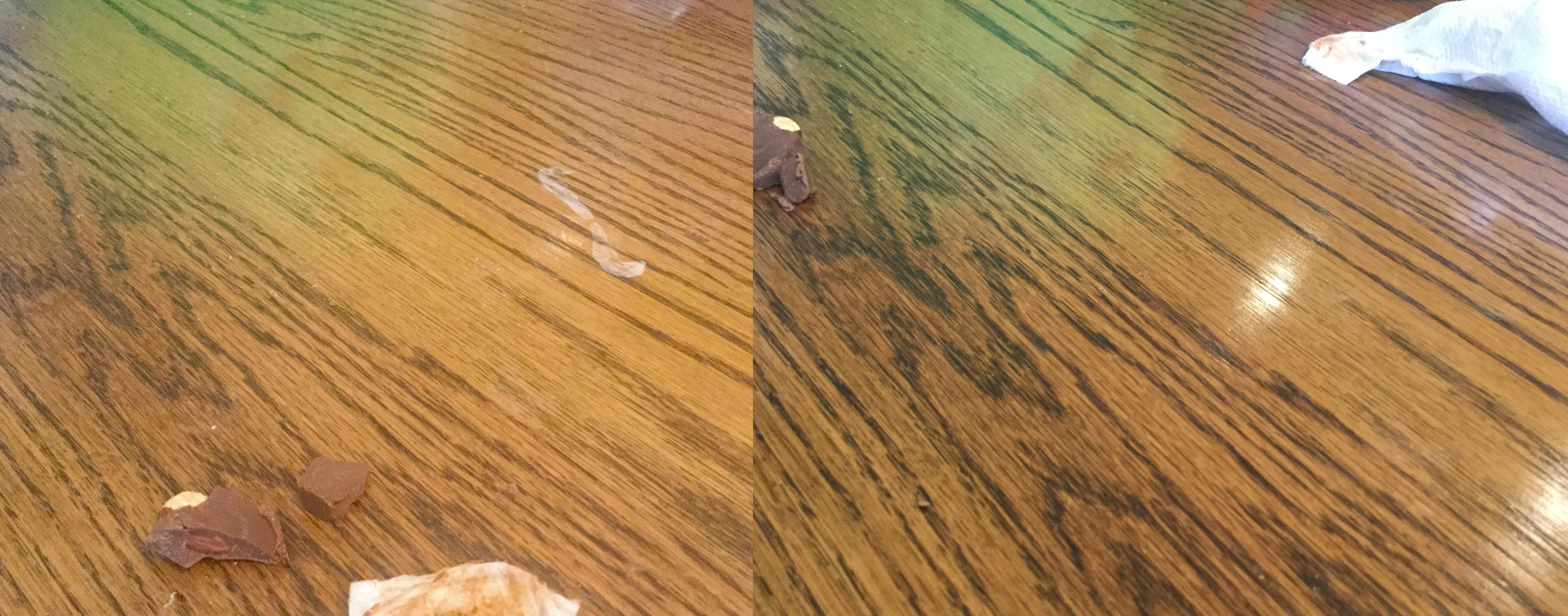 Remove slight imperfections in wood varnish by polishing with chocolate. This was isopropyl