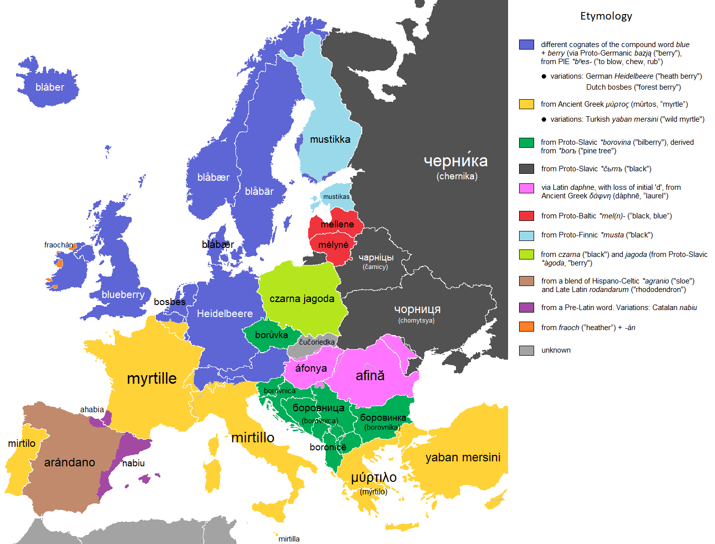 "Blueberry" in various European languages r/etymologymaps