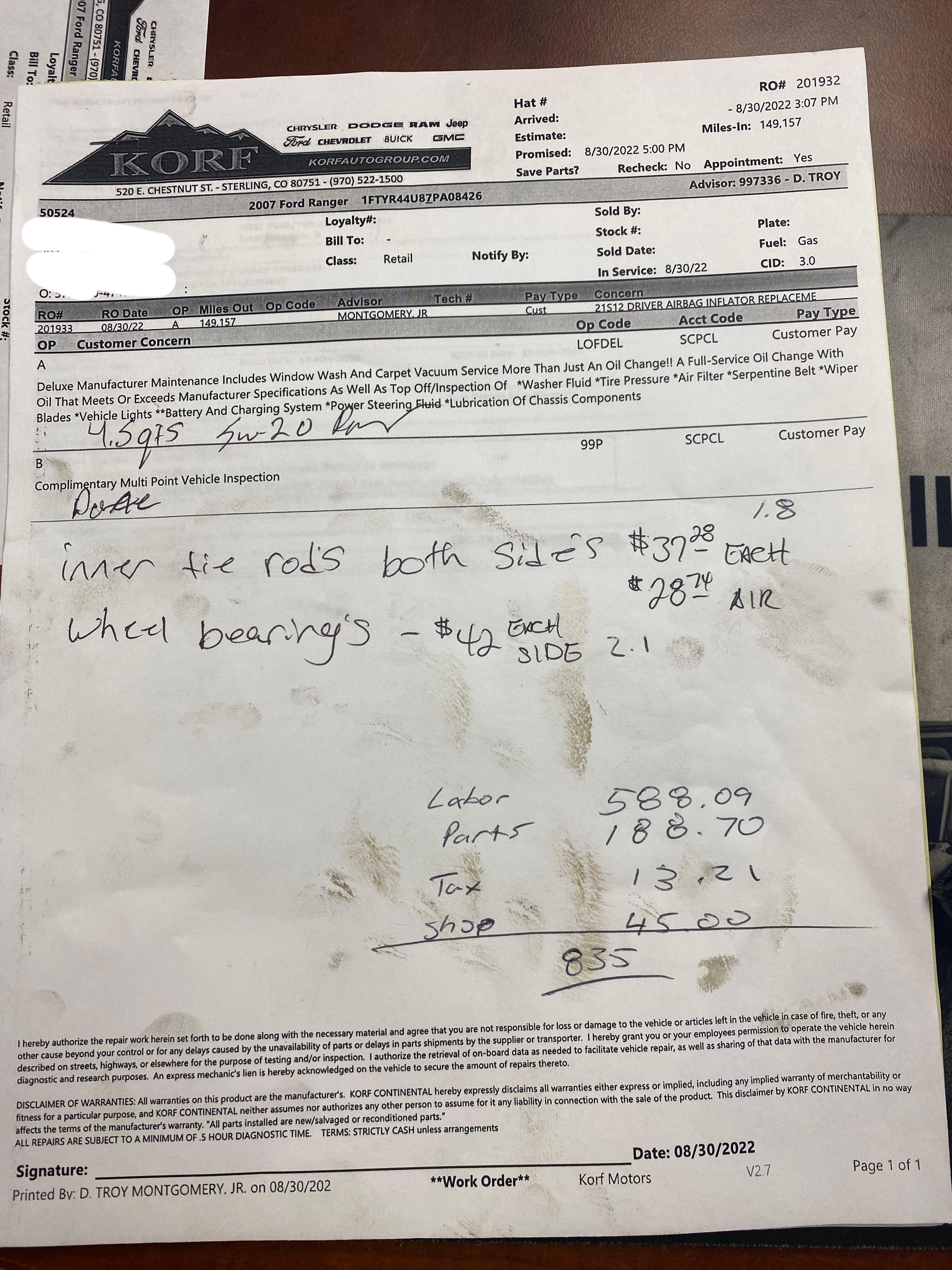Fair estimate for 2007 Ford Ranger inner tire rod and wheel bearing replacement? r/MechanicAdvice