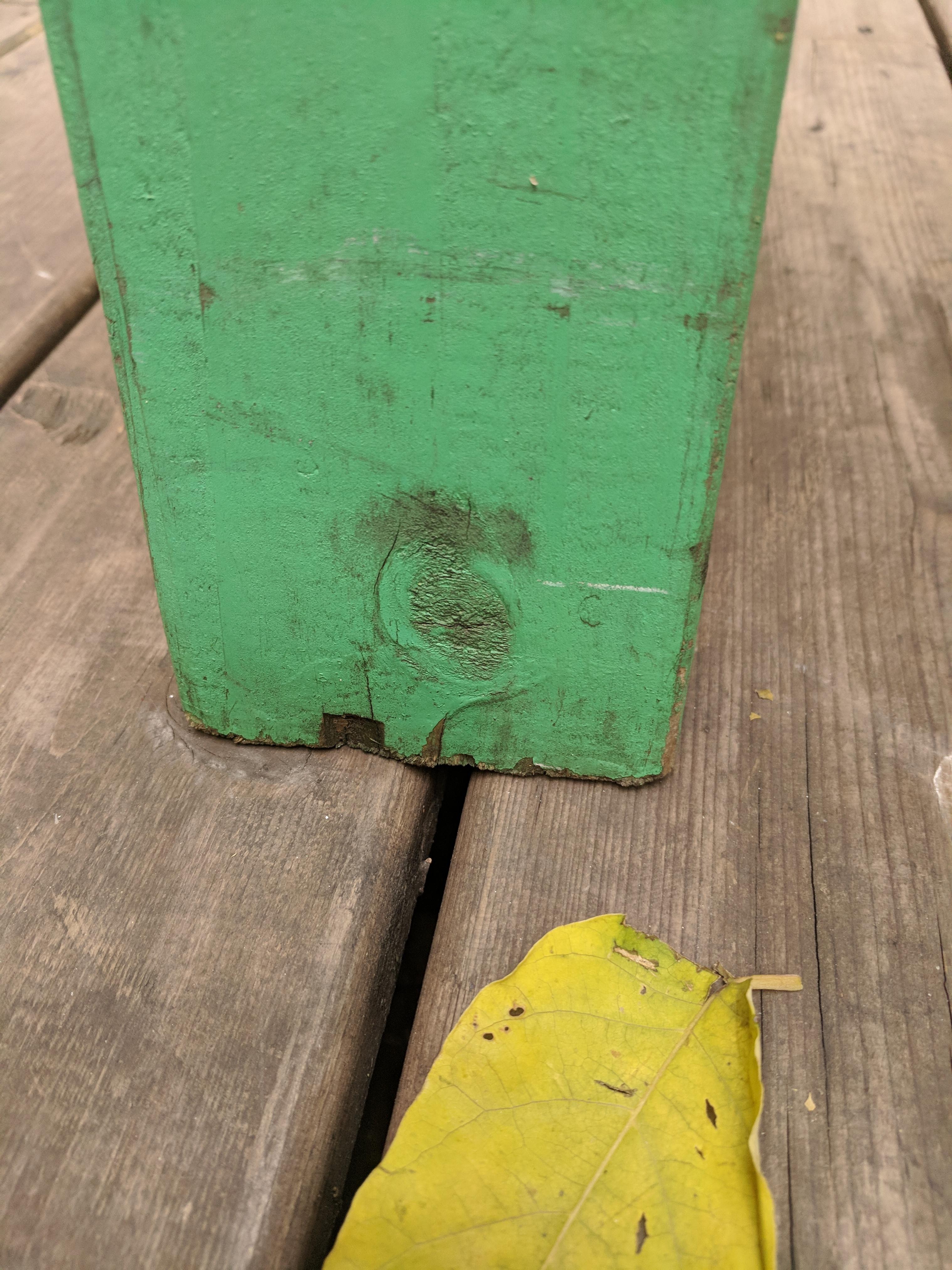 The worn out pattern and dirt on this bench leg looks like a weird bird