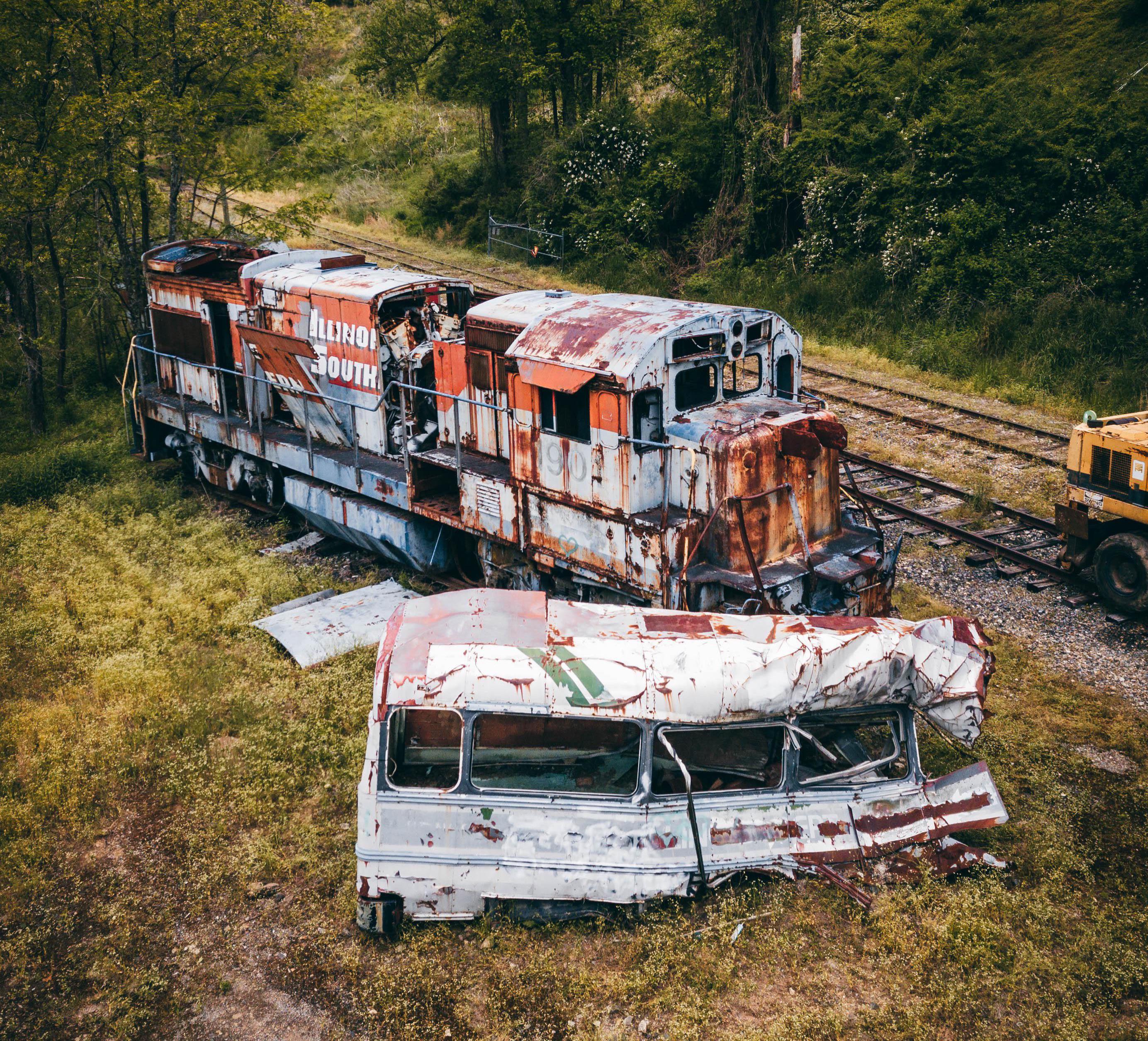 Abandoned train wreck from the escape scene in the 1993 film “The