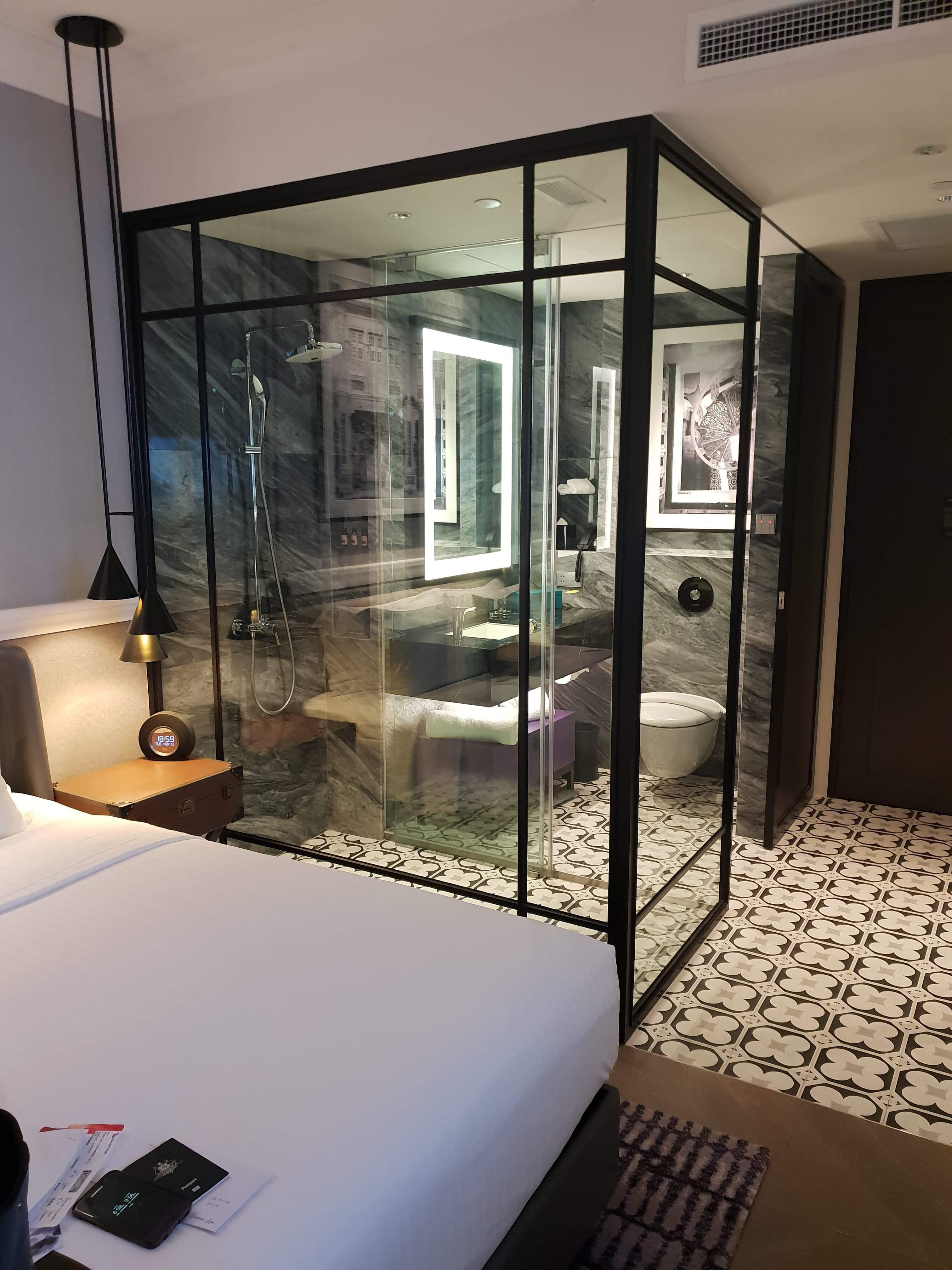 Completely see through bathroom in a hotel room in Singapore r