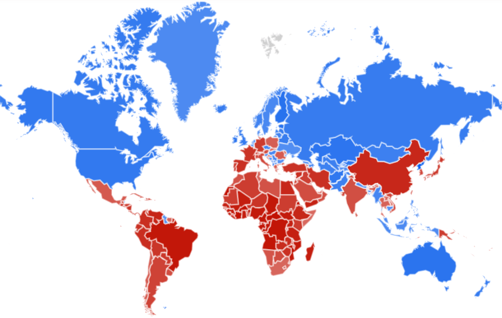 Countries in which memes are most popular (Blue) Vs Jesus (Red) MapPorn