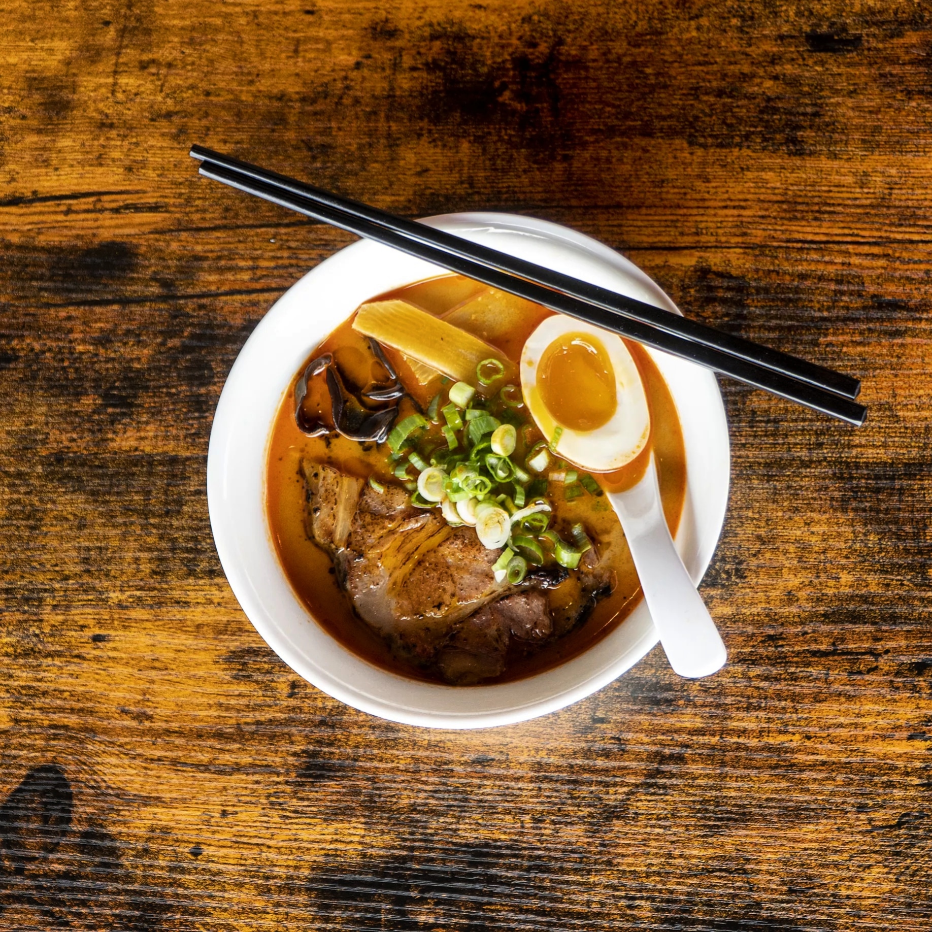 Kara miso tonkotsu with pork shoulder chashu, kikurage, menma, and ajitama. r/ramen