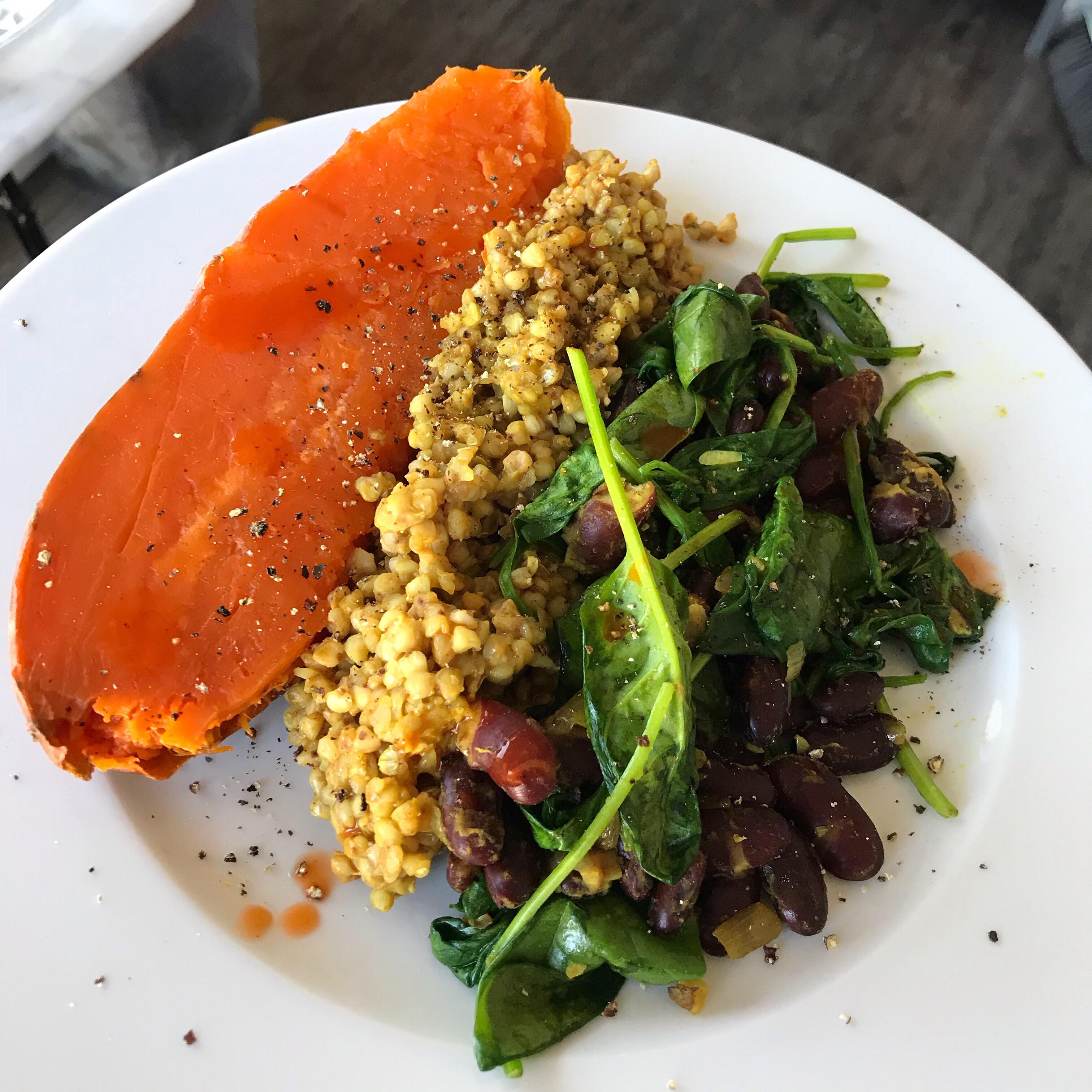 Sweet potato, curried buckwheat, kidney beans, and spinach r