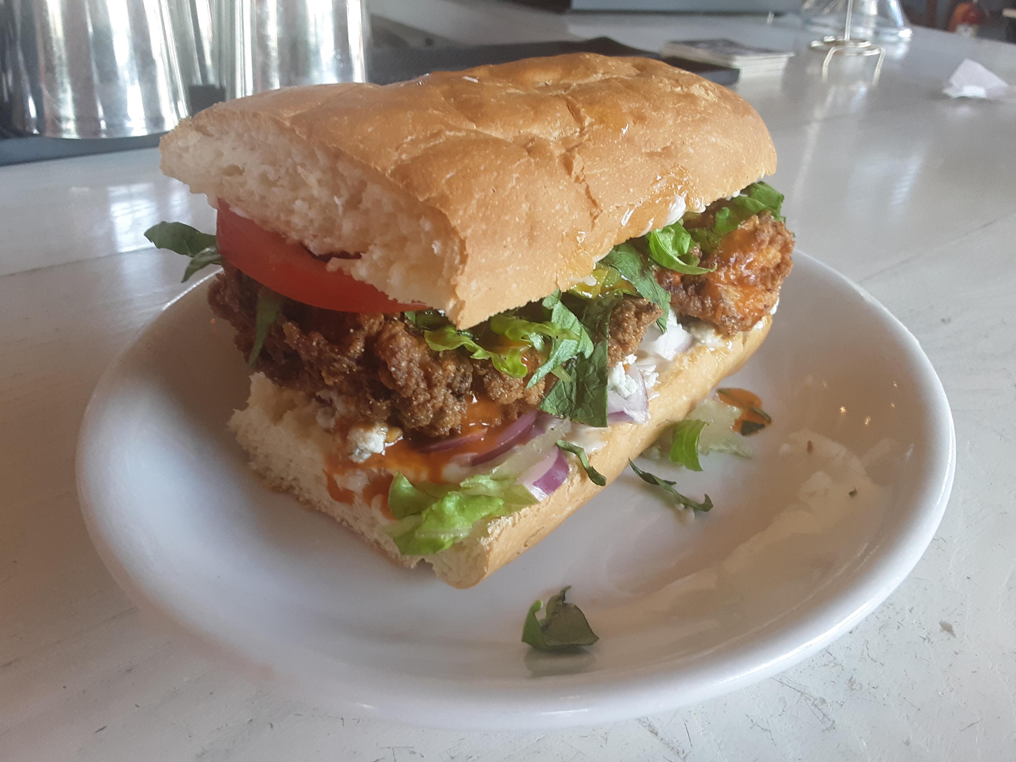 Southern fried chicken, bleu cheese, red onion, shredded lettuce