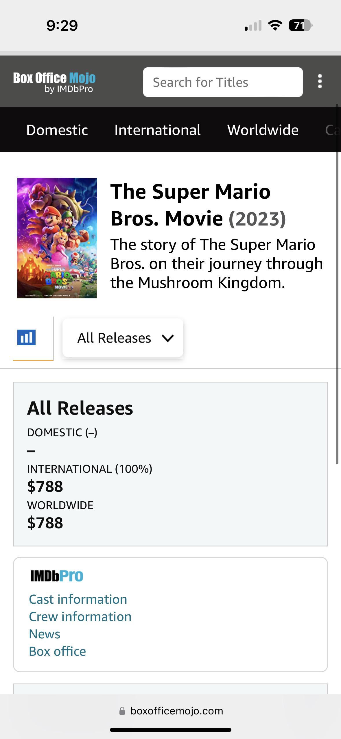 According to Box Office Mojo, so far the Mario movie has grossed 788