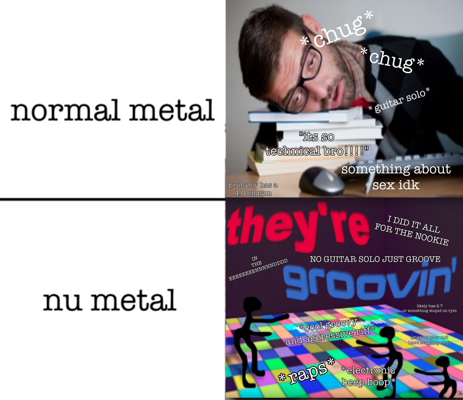 Unfunny metal vs nu metal meme I made in five minutes r/numetal