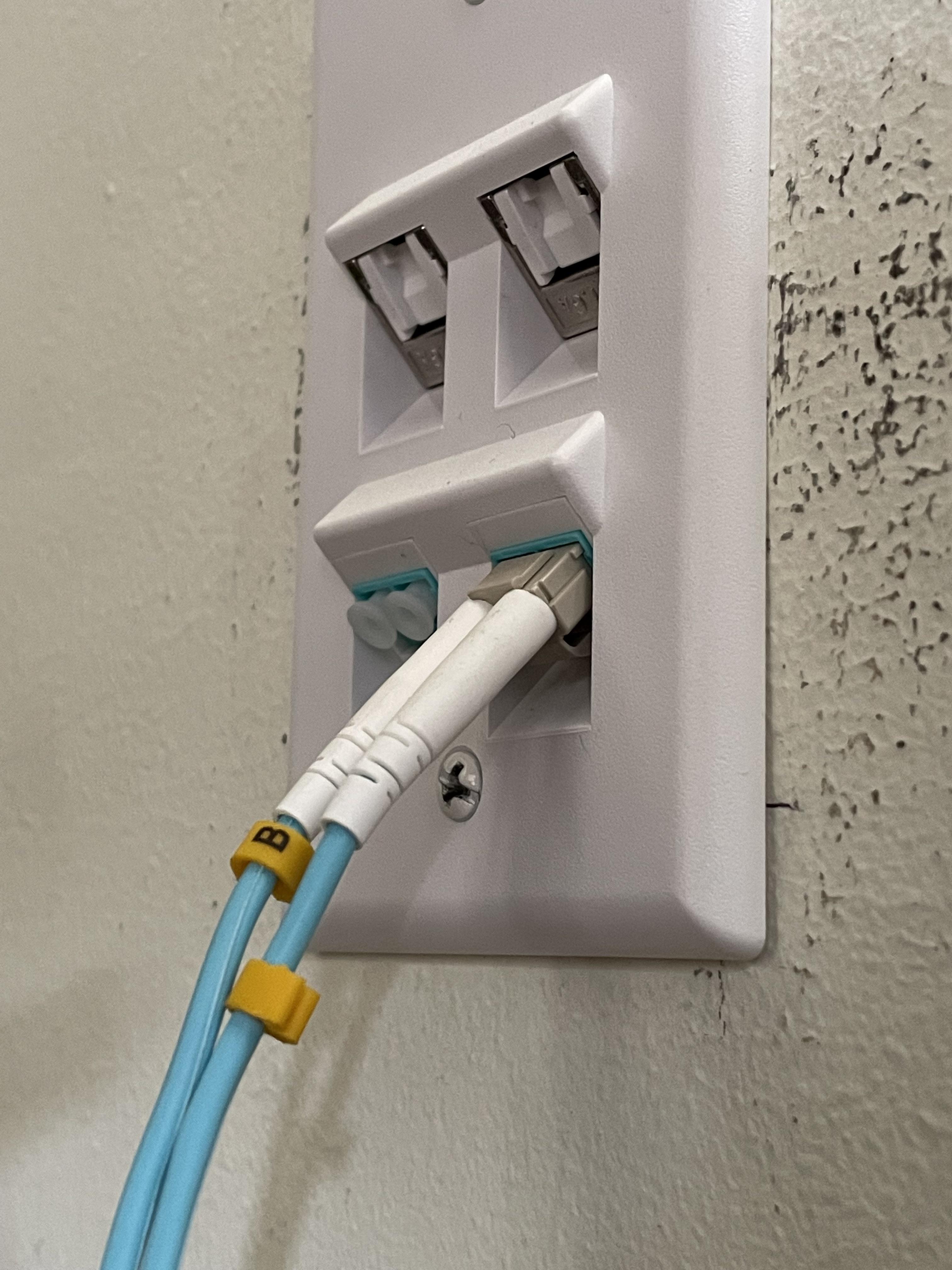 PSA Leviton angled keystone wall plates make LC fiber cable latches