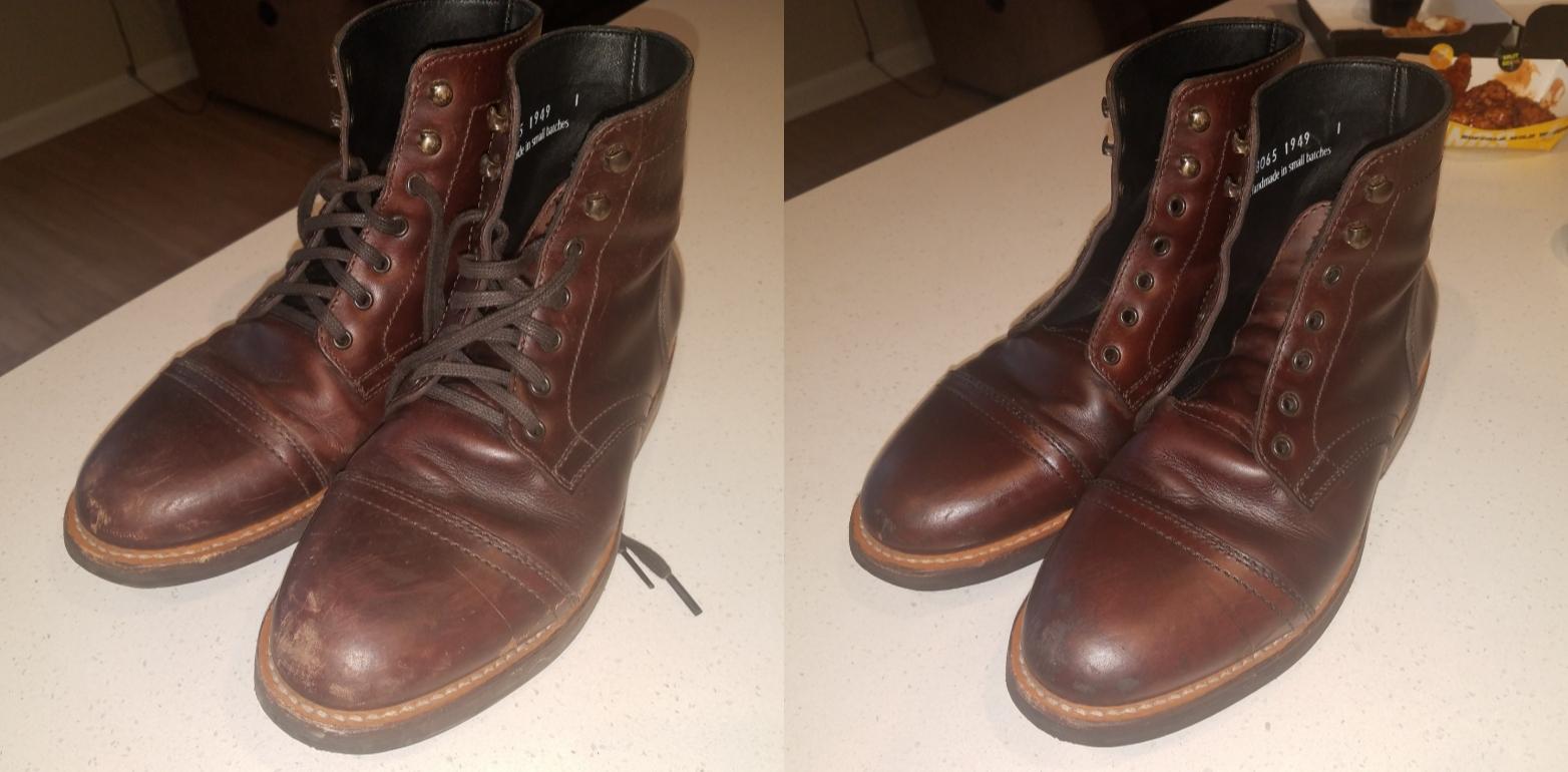 Before and after of my Thursday Boots after applying Red Wing Leather