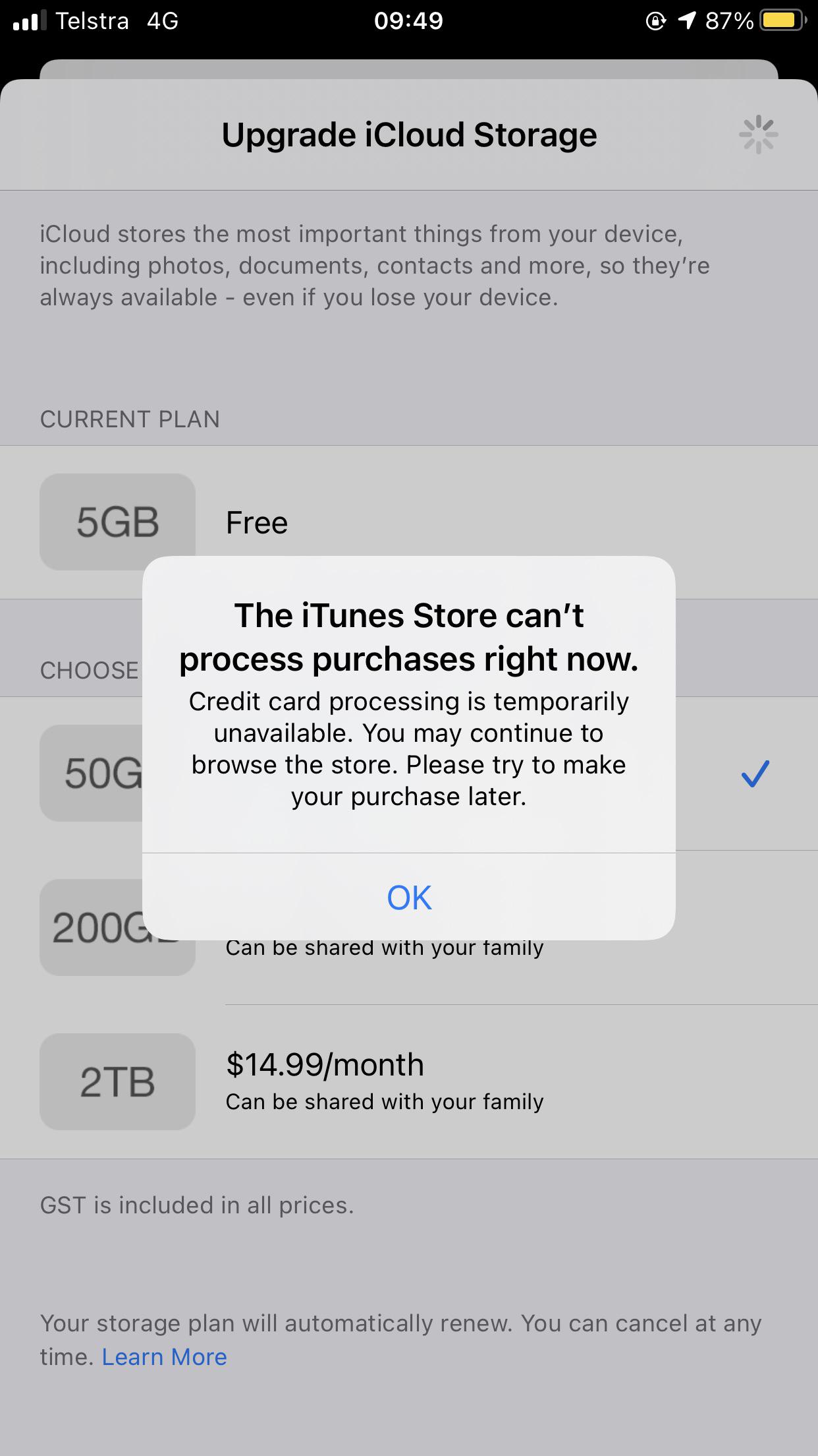 i get this error whenever i try to upgrade my icloud storage, my card