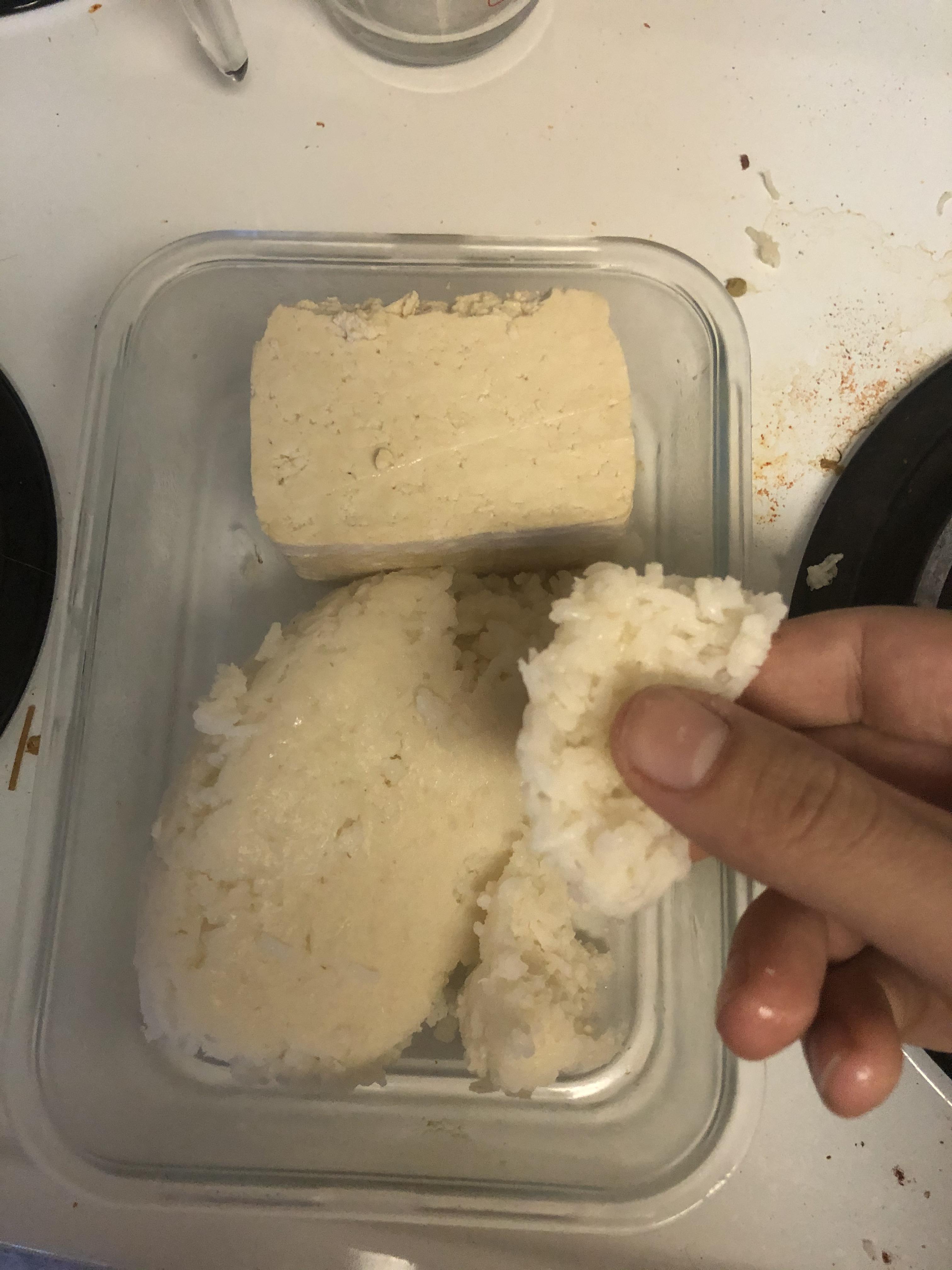2 day old rice and a block of tofu, eaten cold and with my bare hands