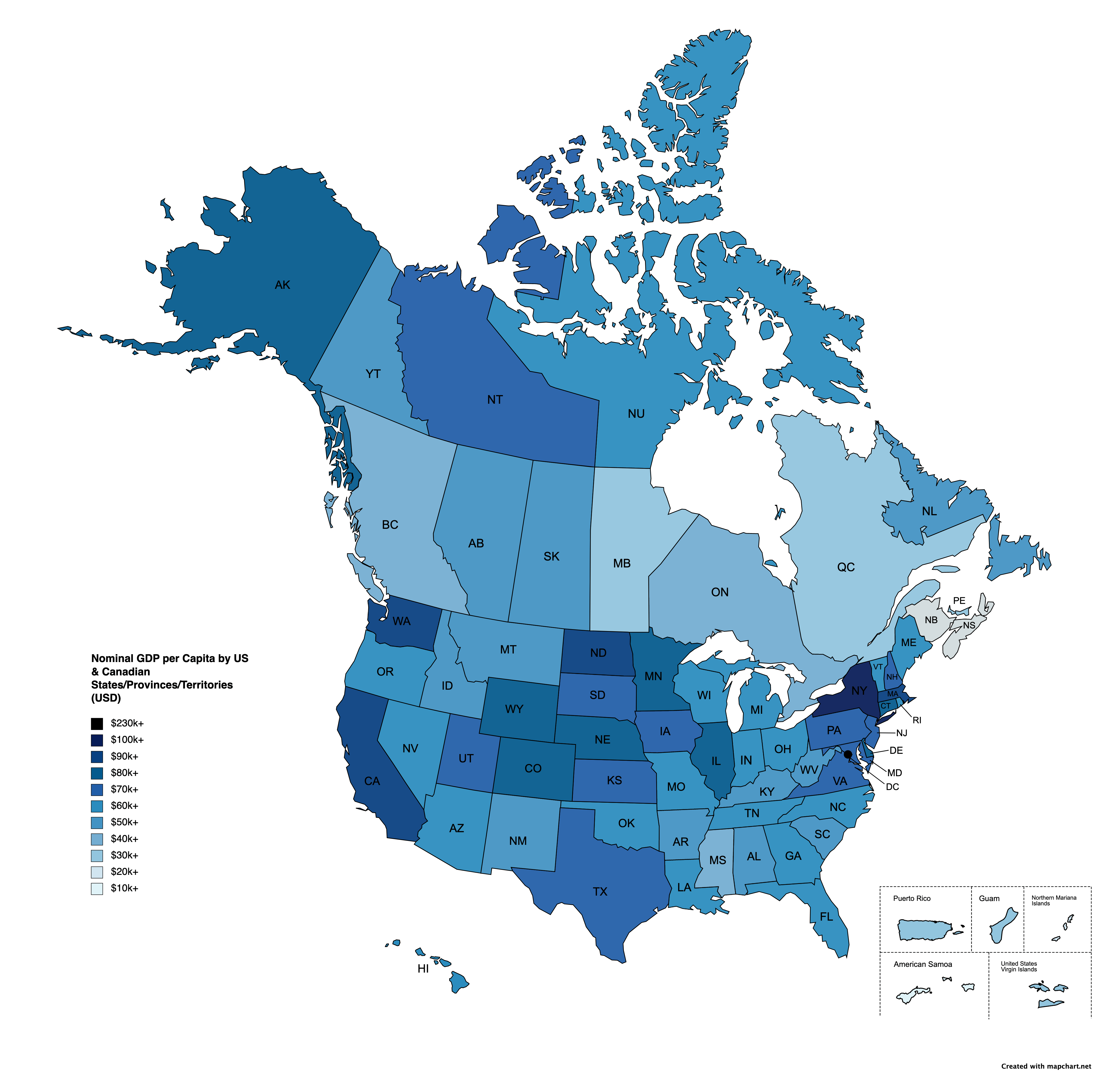 Nominal GDP per Capita by US & Canadian States/Provinces/Territories (USD) r/MapPorn