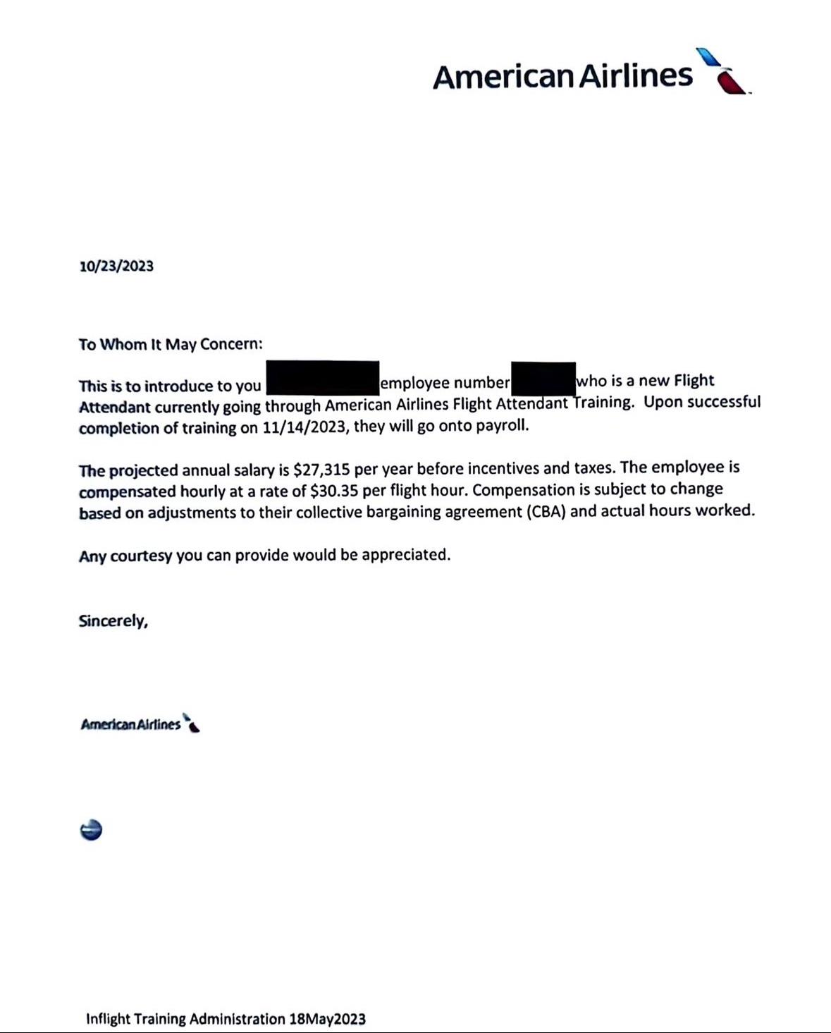 The actual letter American Airlines corporate gives new Flight