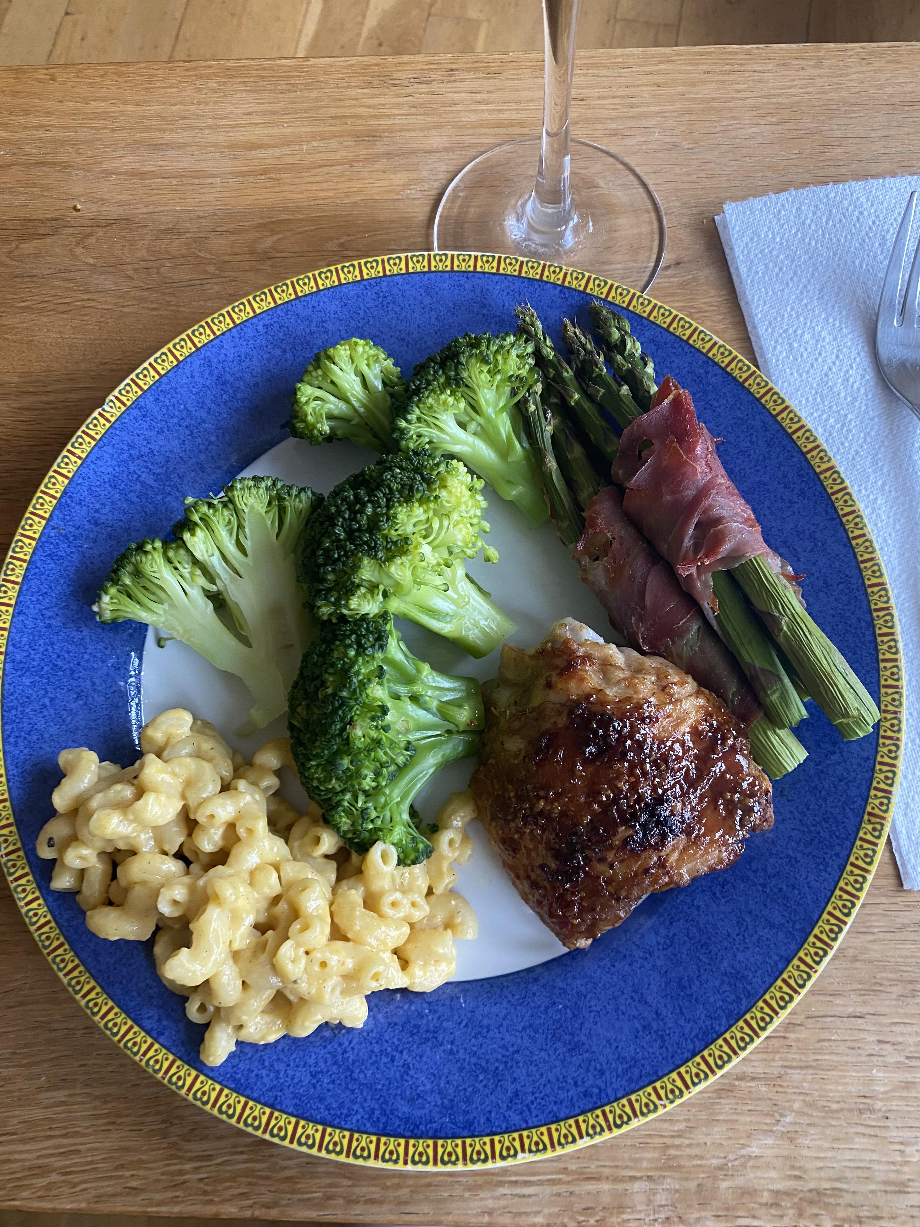 [Homemade] Mac and cheese, honey mustard chicken thigh, prosciutto