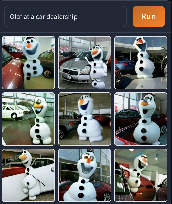 Olaf at a car dealership r/weirddalle