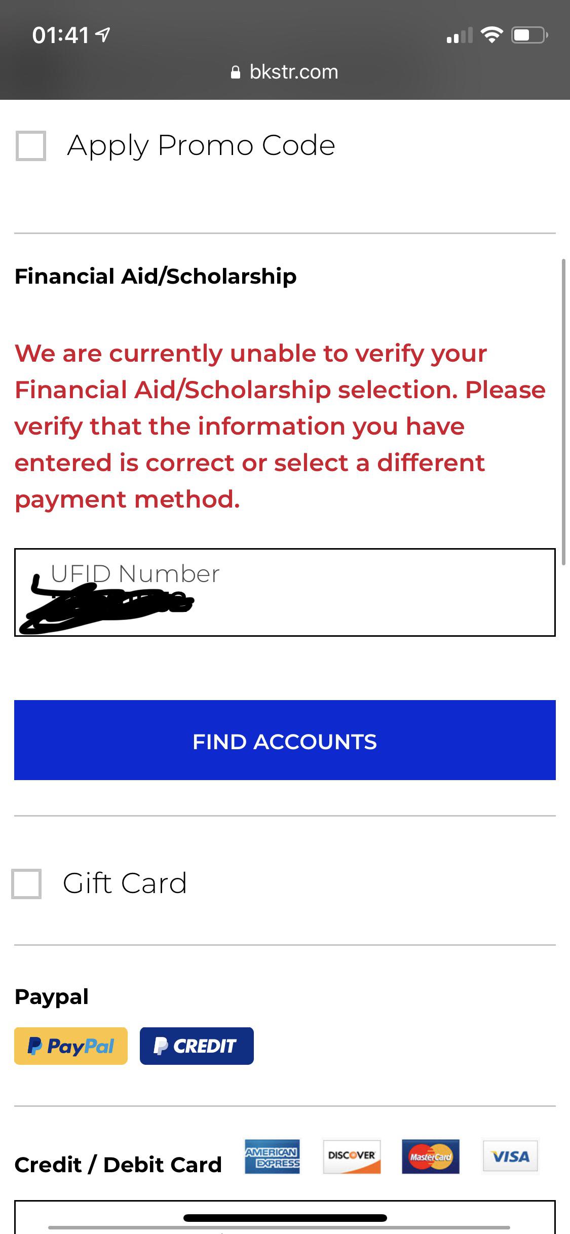 I'm not able to rent or buy my textbooks with the financial aid using my UFID, as it keeps