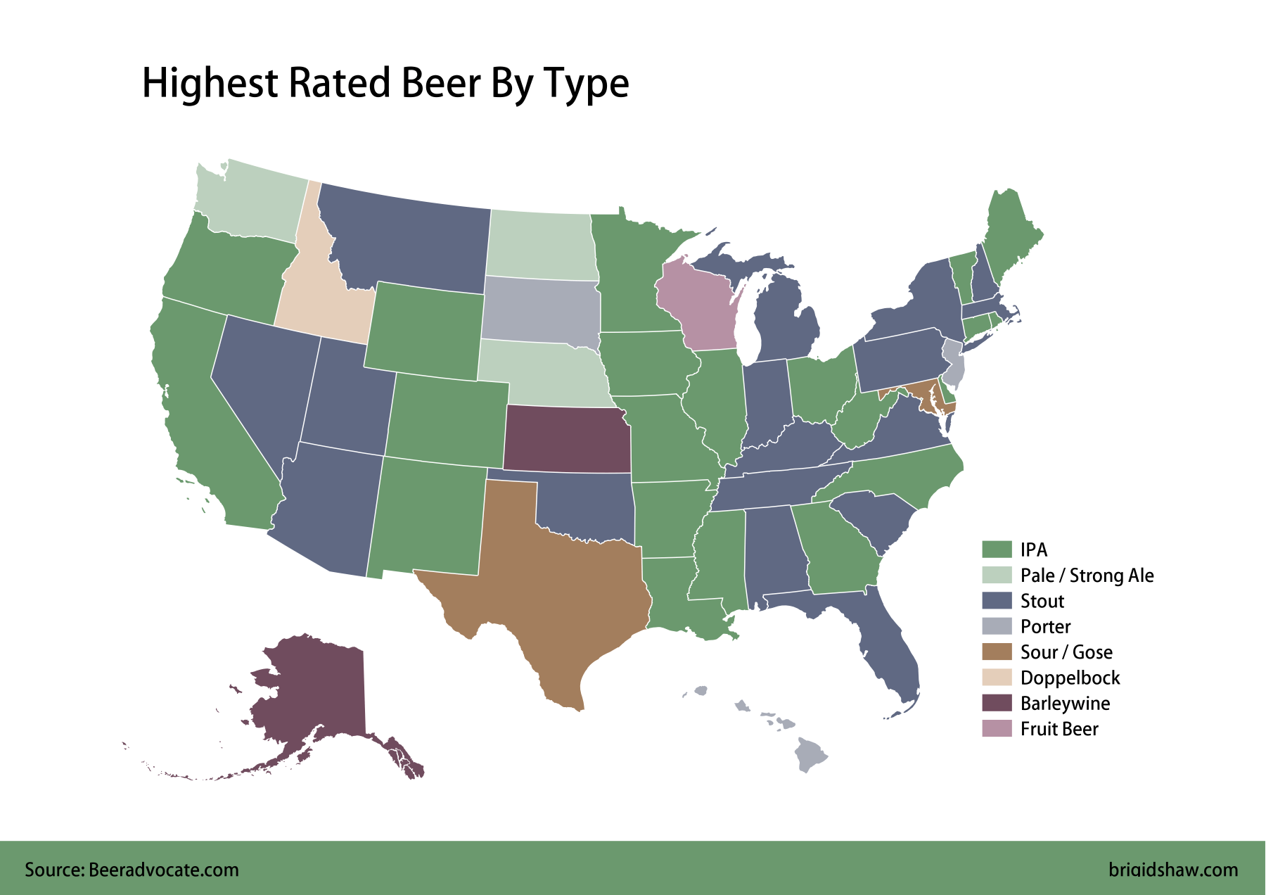 Type of the 1 rated beer brewed in each state [1800 x 1272] r/MapPorn