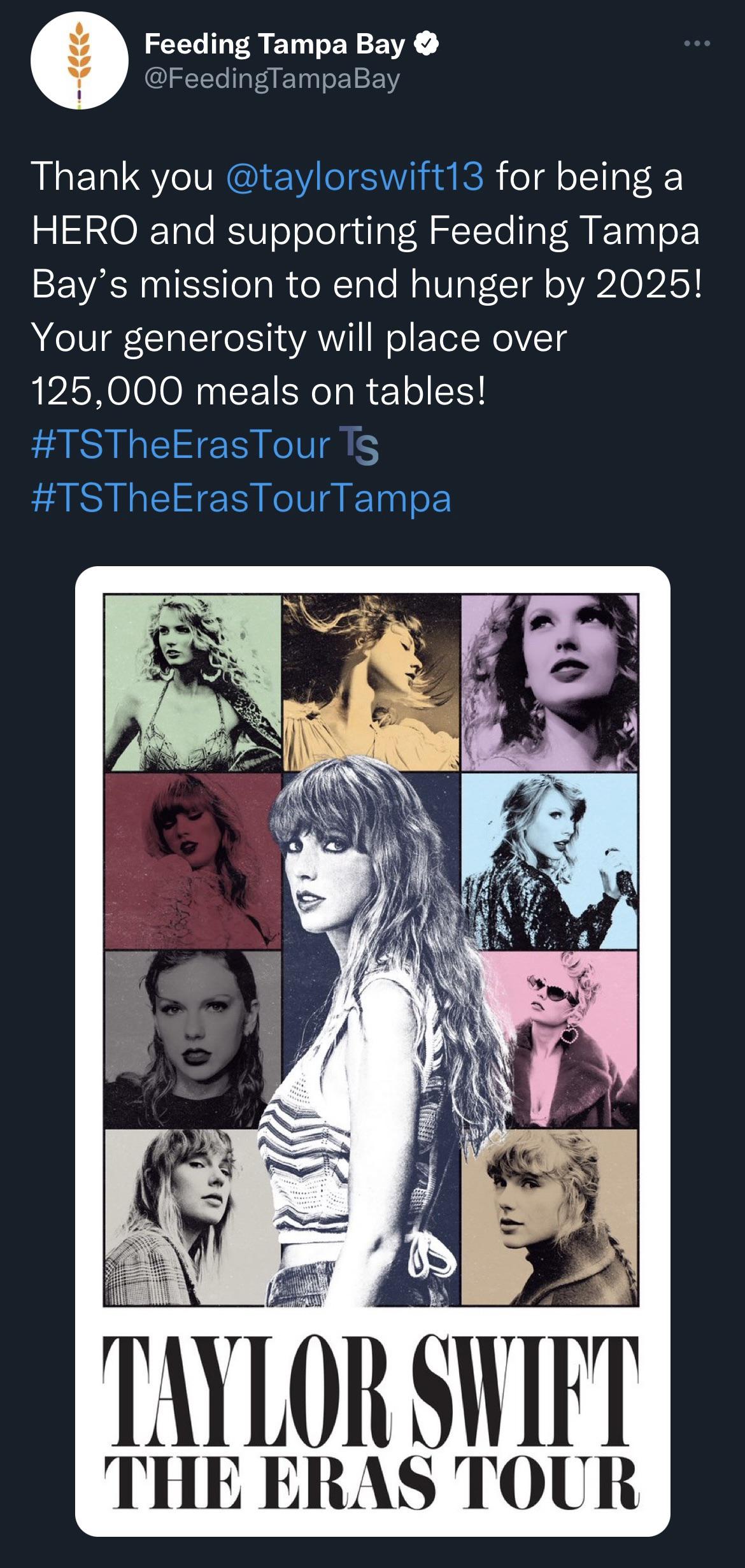 Taylor continues to donate to food banks as she travels for The Eras