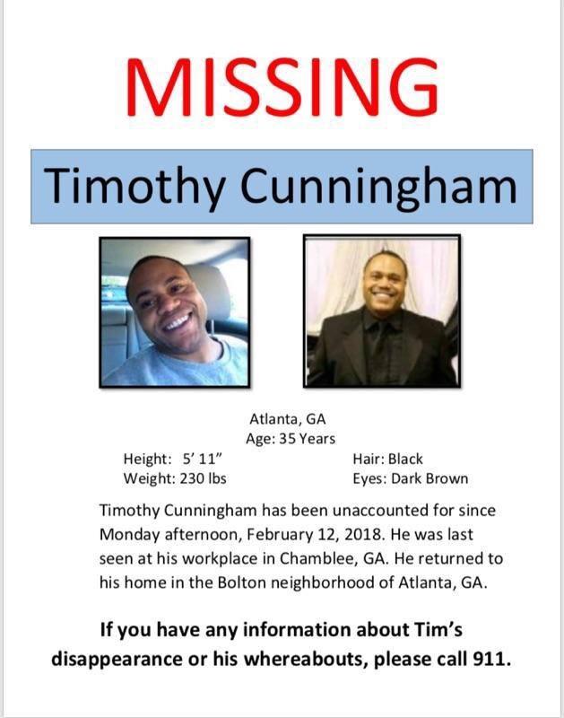 Missing Person Timothy Cunningham. Contact the authorities if you have