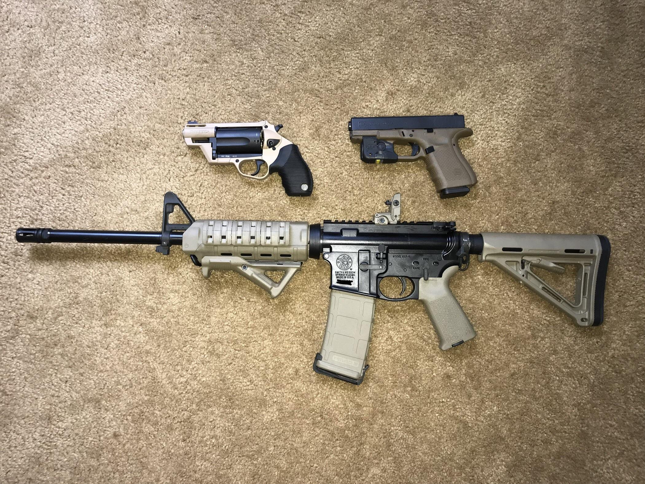 The FDE Home Team (S&W AR15 w/Magpul Furniture/Taurus Public Defender Poly/Glock 23 G4 w