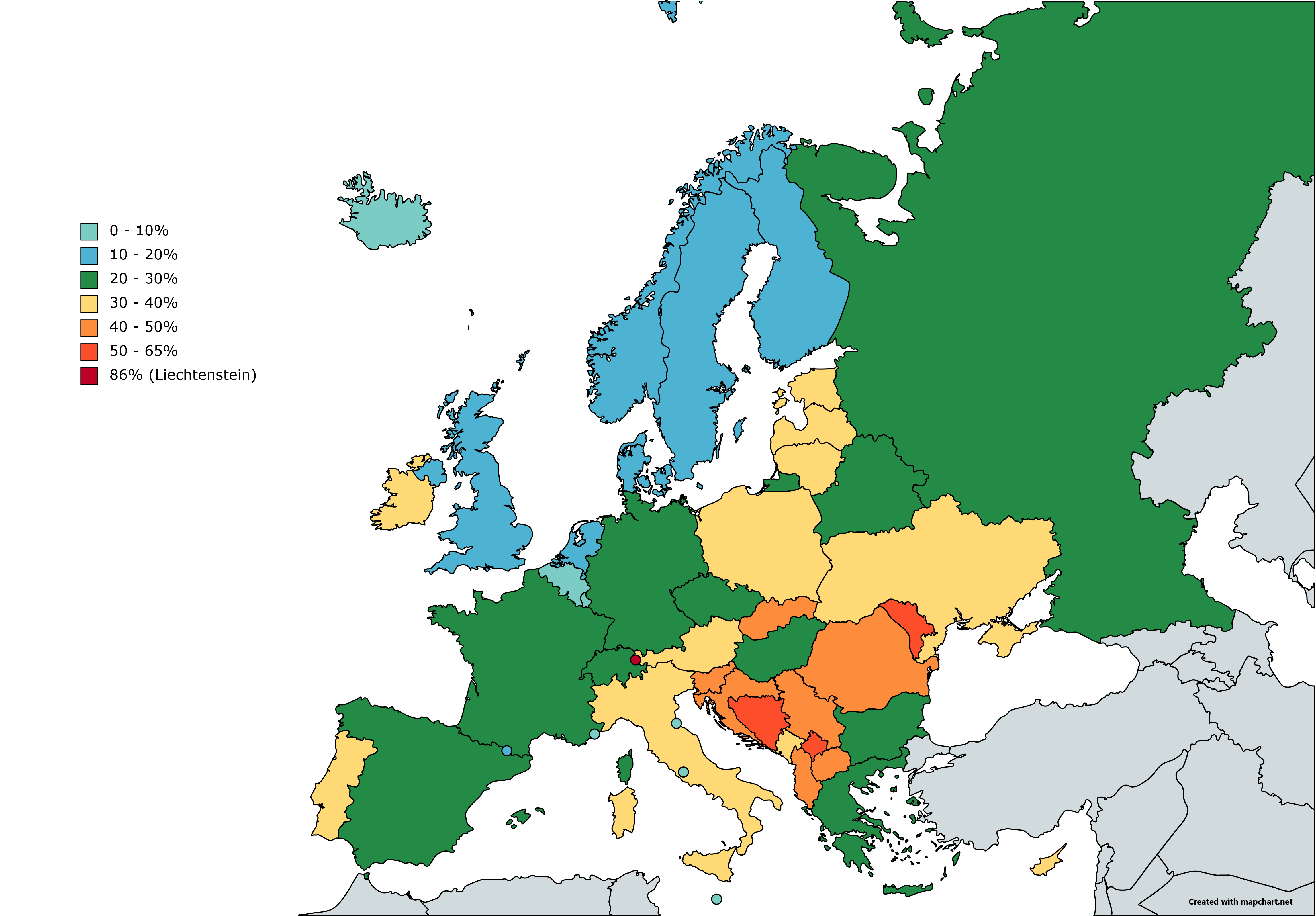 Percent of European Countries Population living in Rural Areas r/MapPorn